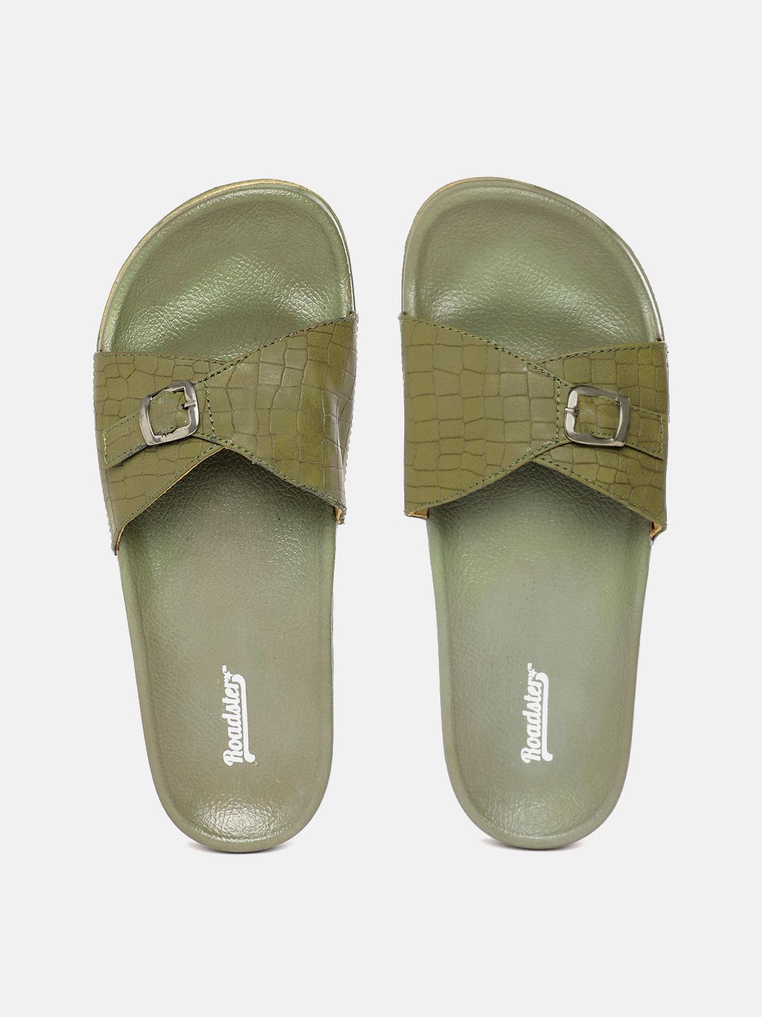Roadster Women Olive Green Croc Textured Slip-Ons with Buckle Detail Price in India