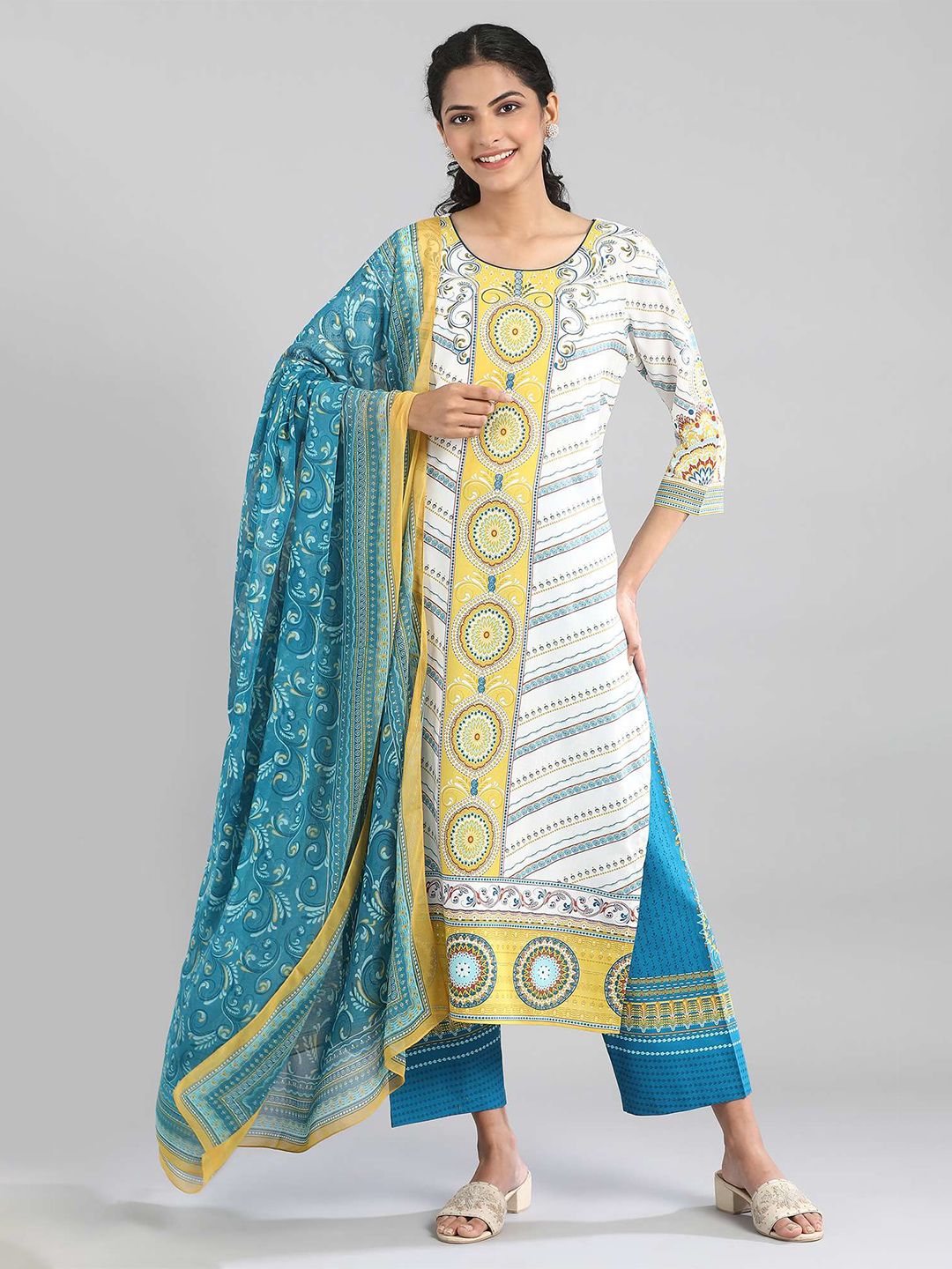 AURELIA Blue & Yellow Printed Dupatta Price in India