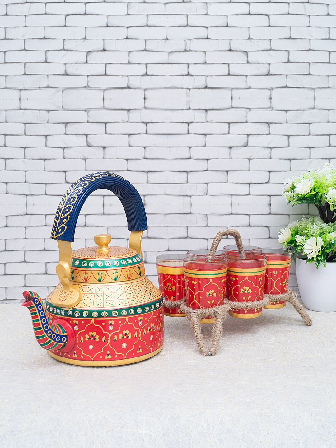 Golden Peacock Red & Gold Set of 8 Handpainted Aluminium Kettle & Glass With Holder Price in India