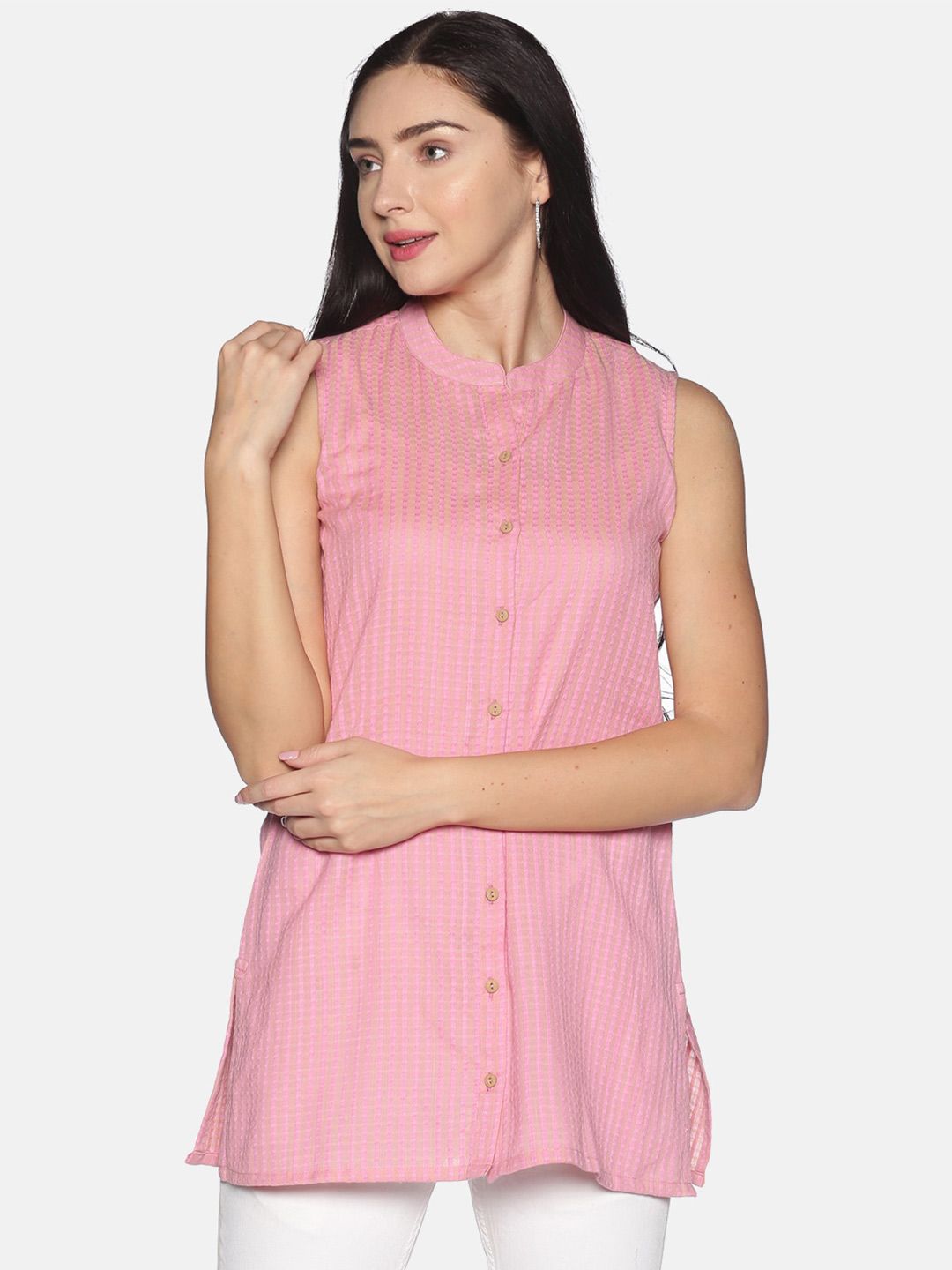 Saffron Threads Women Pink Self Design Mandarin Collar Cotton Tunic Price in India