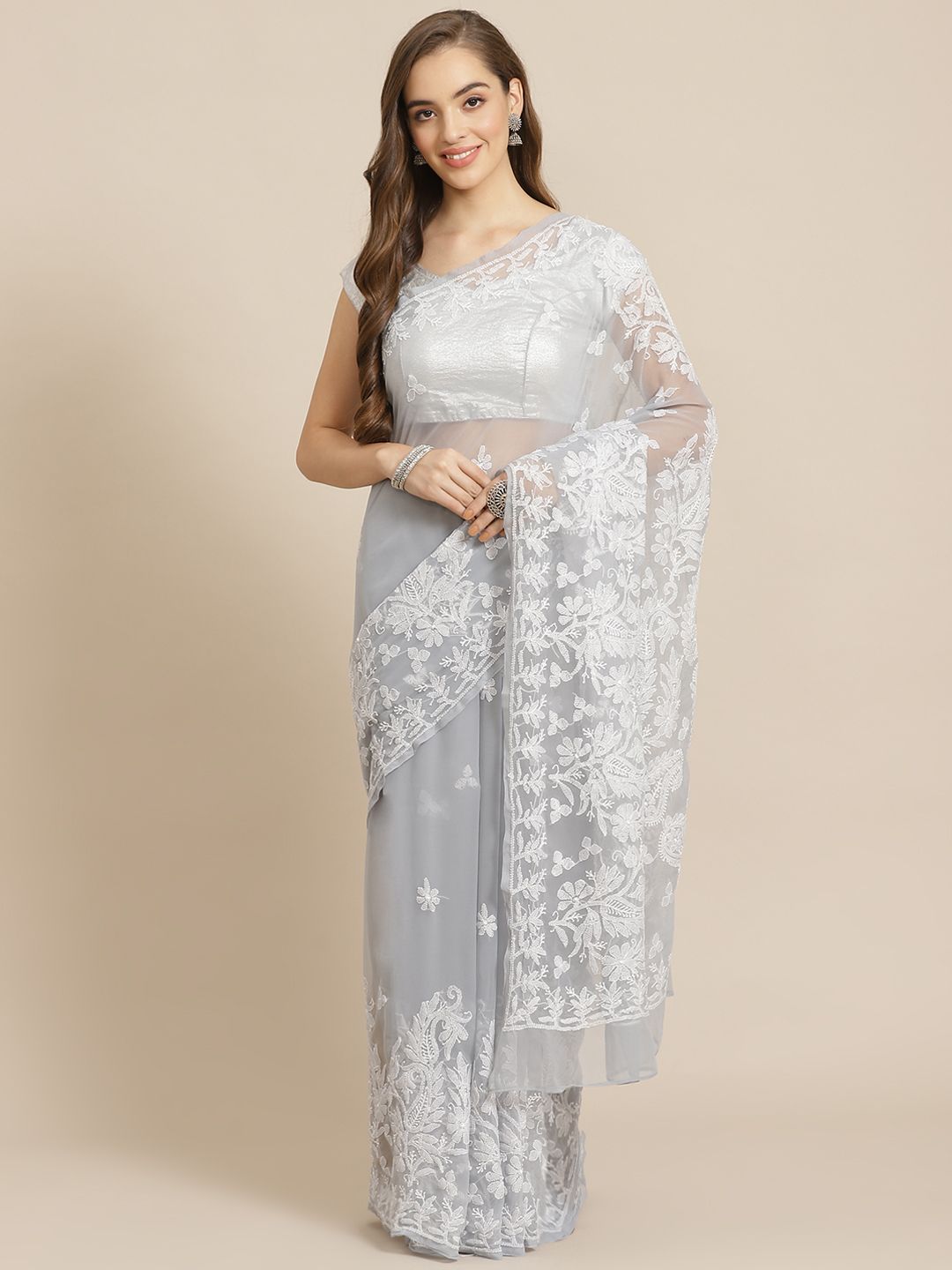 ADA Women Grey & White Poly Georgette Chikankari Embroidered Handloom Saree Price in India