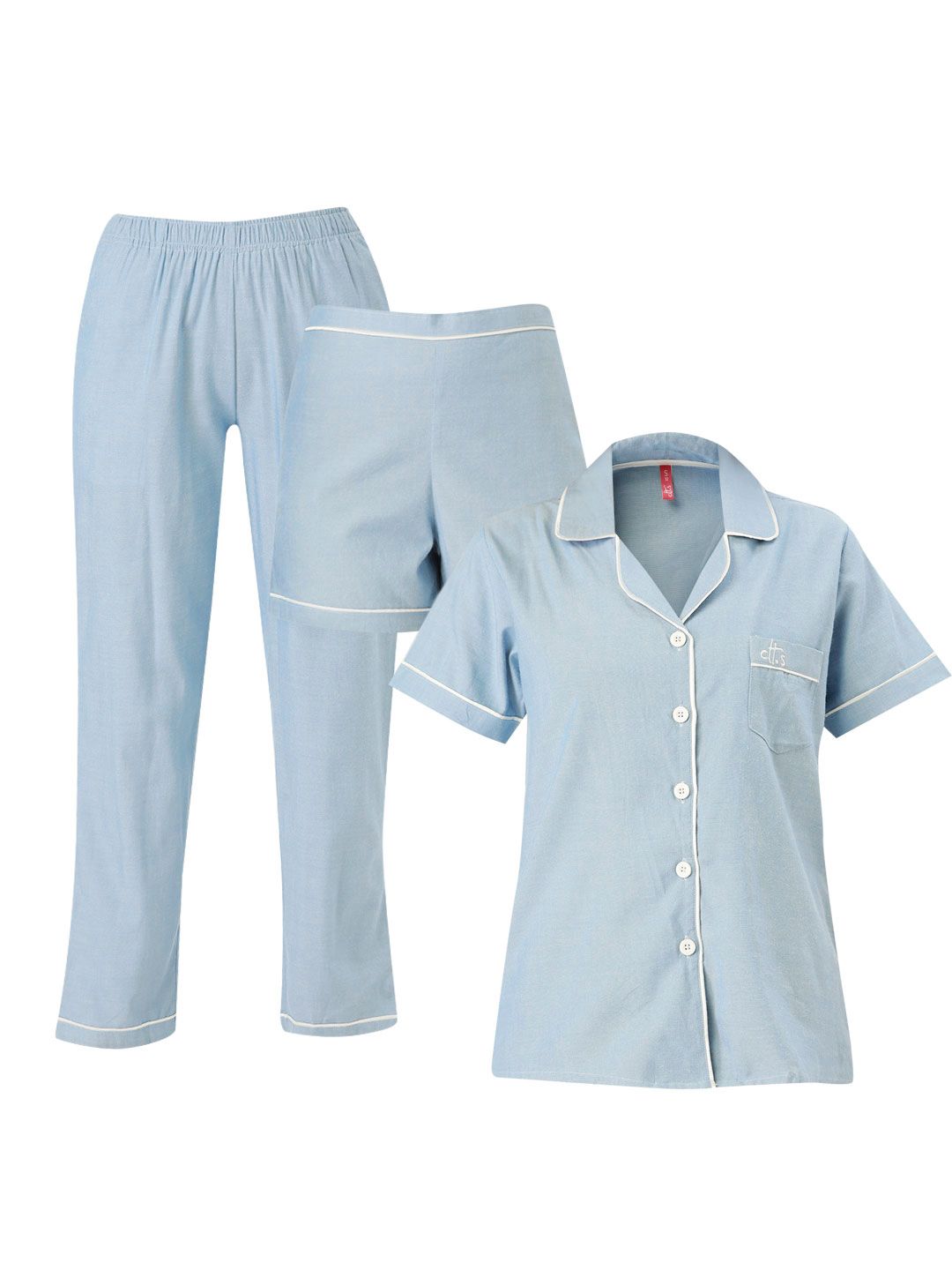 Clt.s Women Blue 3 Piece Cotton Pyjama Set Price in India