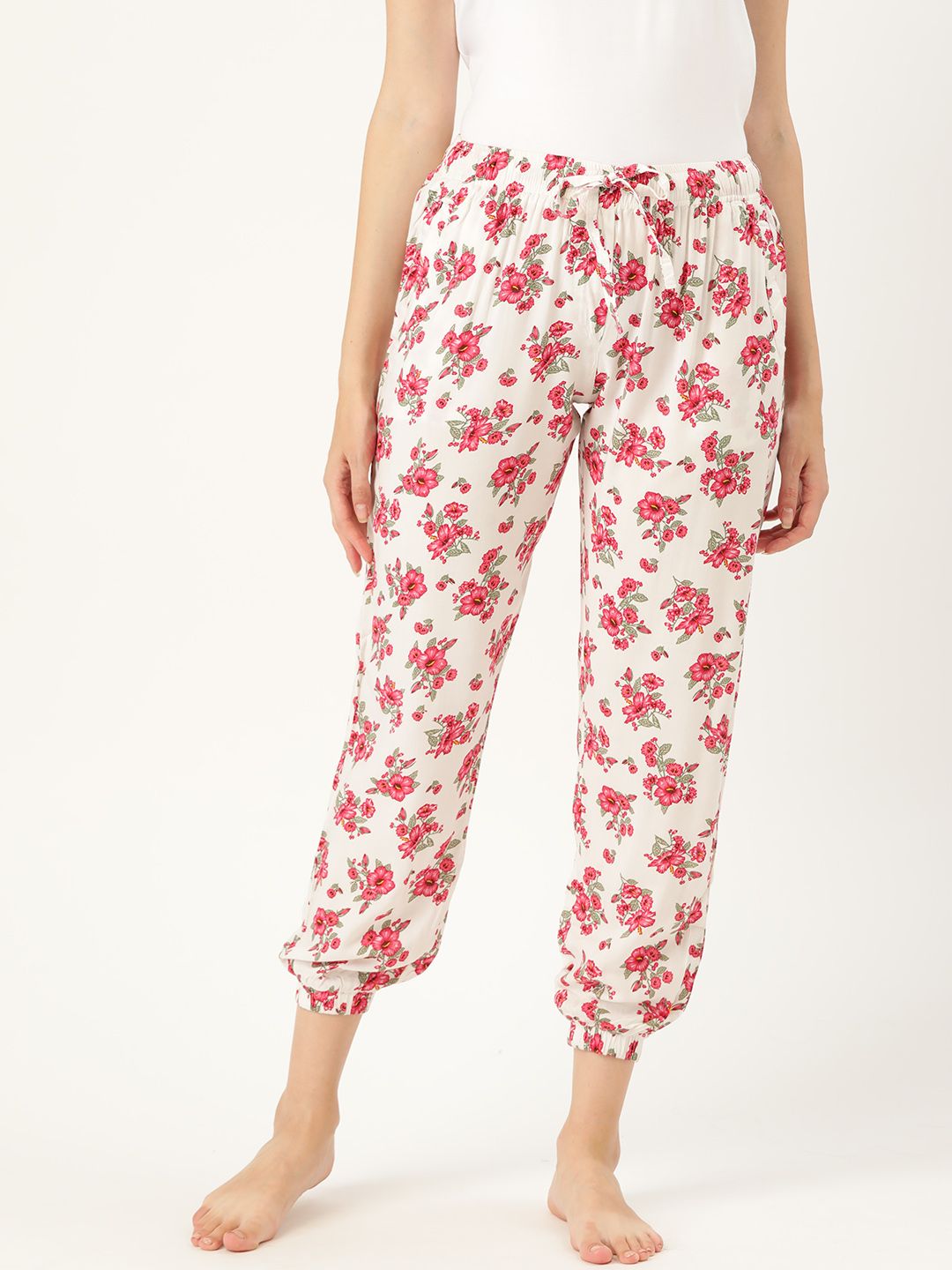Clt.s Women White & Red Floral Print Slim Fit Pure Cotton Lounge Joggers Price in India