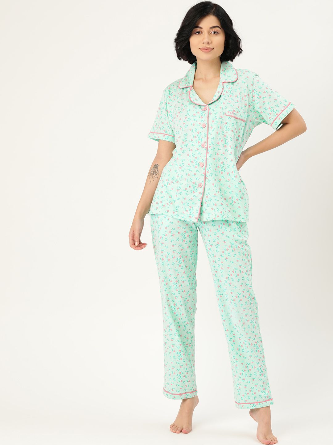Clt s Women Sea Green & Pink Printed Night suit Price in India
