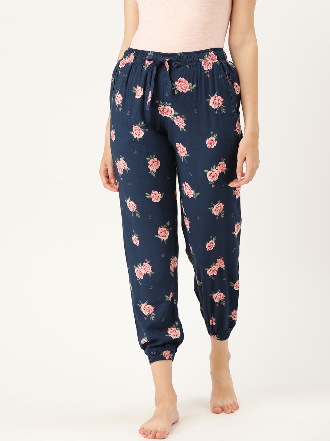 Clt.s Women Navy Blue & Red Floral Print Slim Fit Pure Cotton Lounge Joggers Price in India