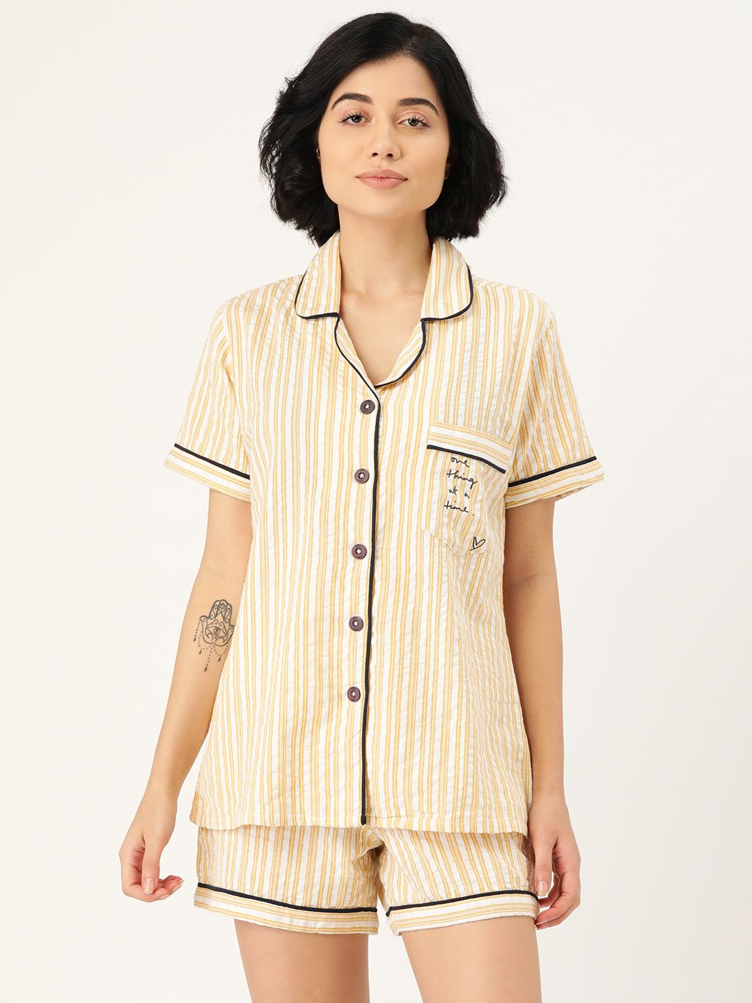 Clt.s Women Yellow & Off White Striped Night suit Price in India