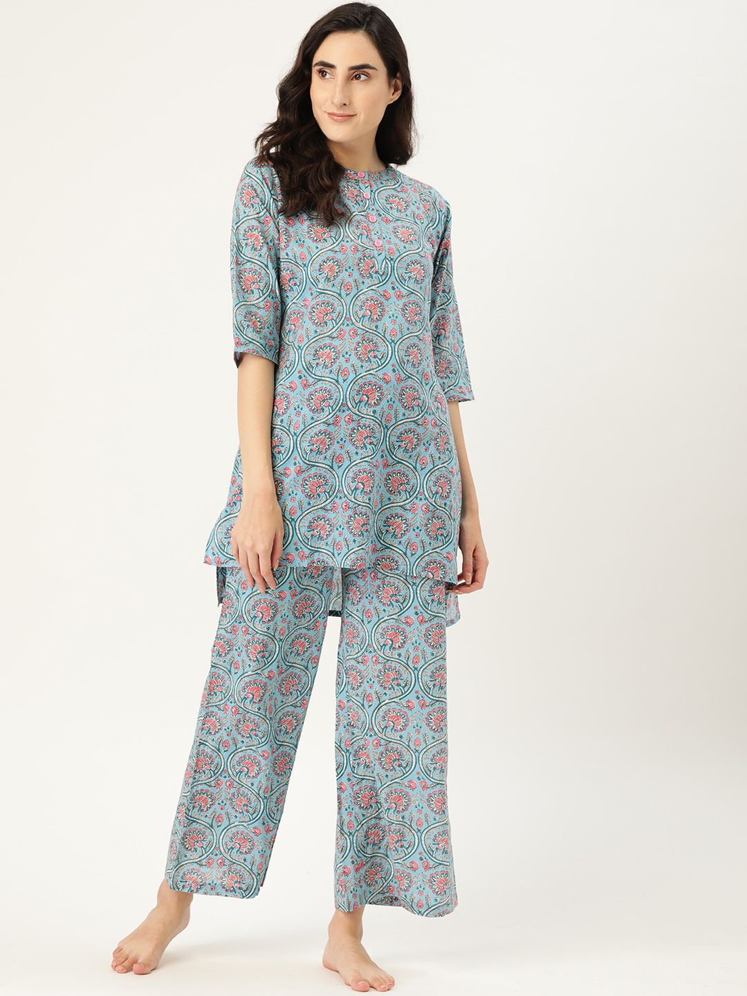 Clt.s Women Blue & Pink Printed Pure Cotton Night Suit Price in India
