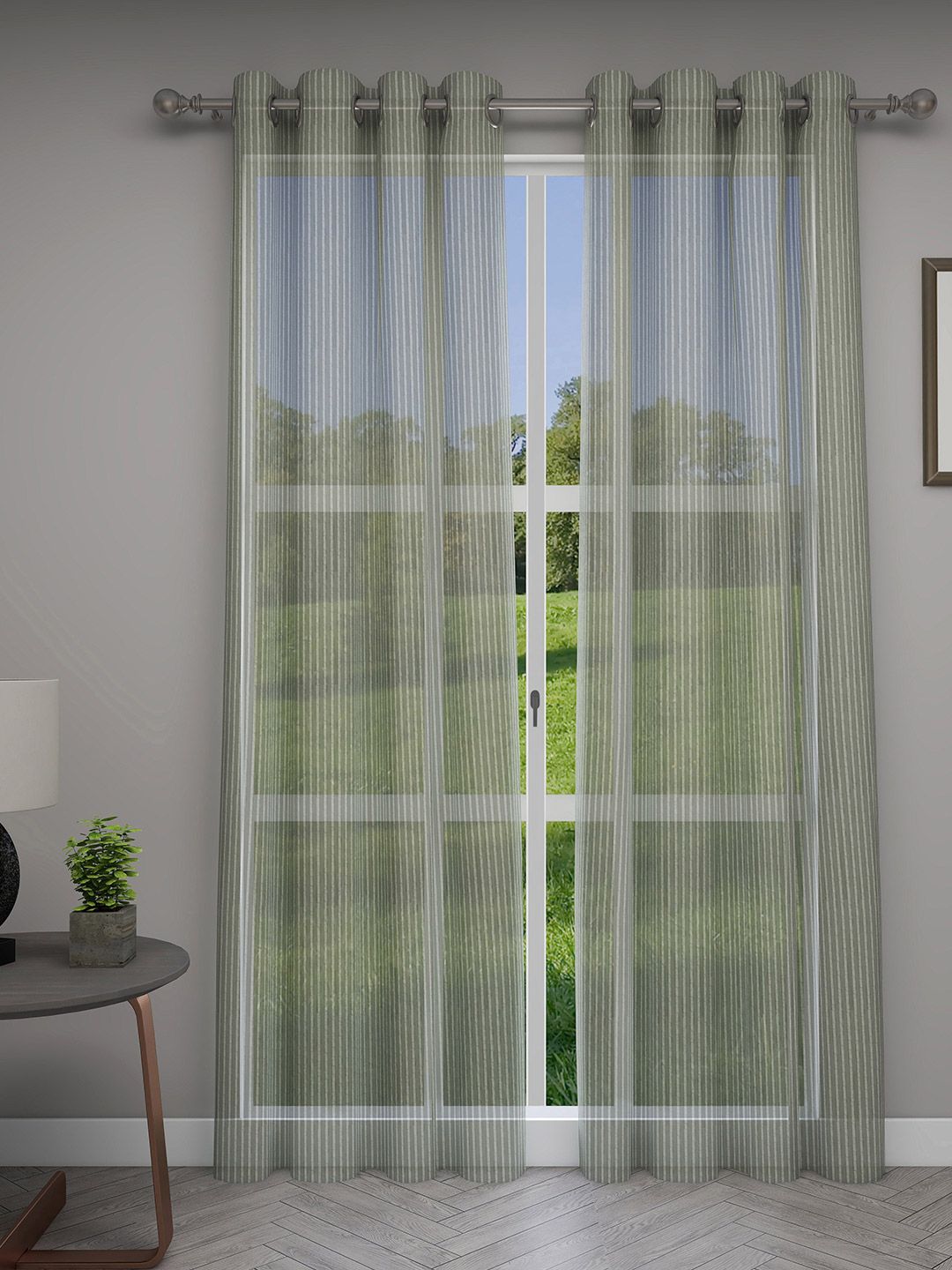 GM Green & White Set of 2 Striped Sheer Door Curtains Price in India