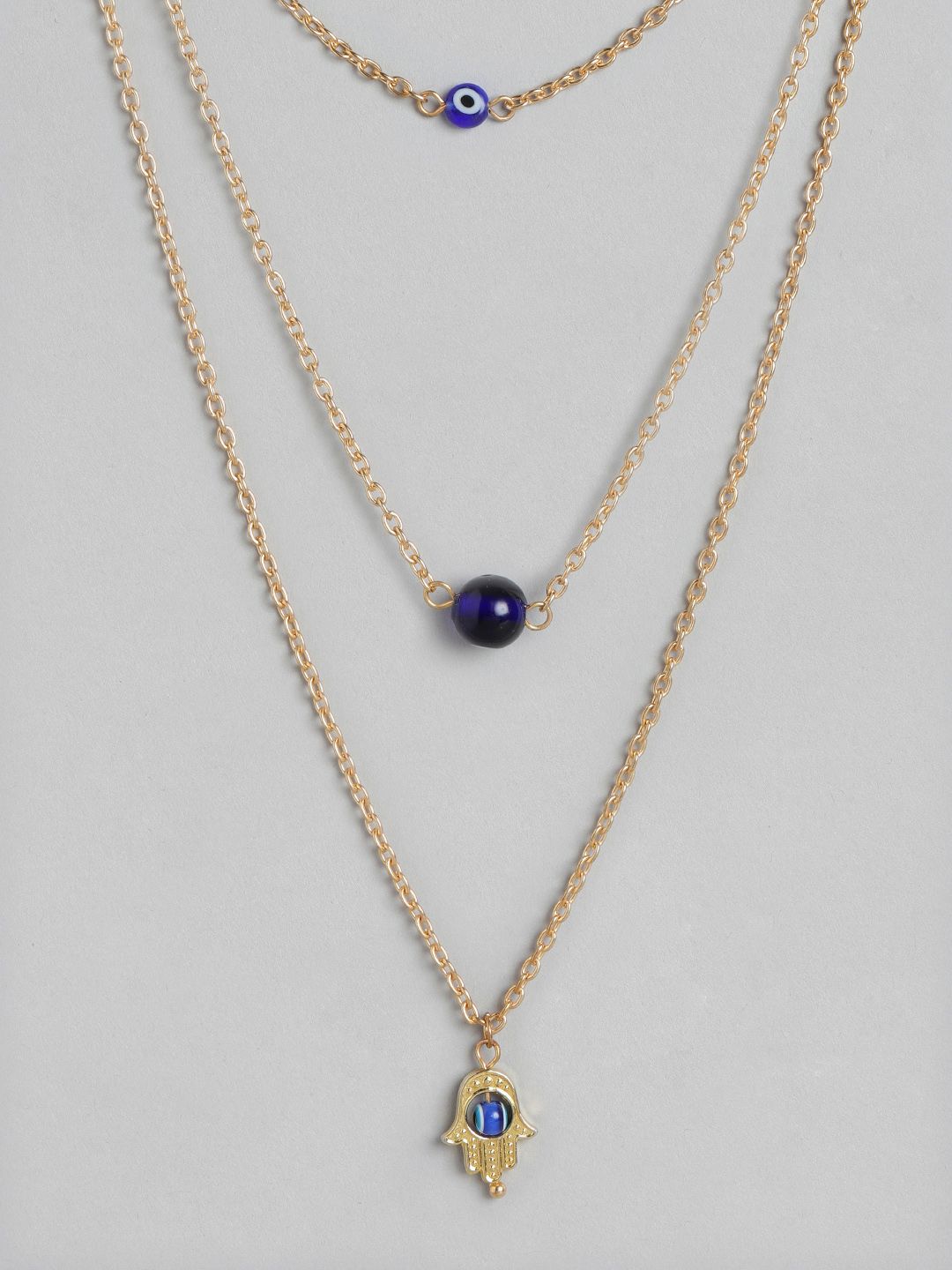 Blueberry Blue Gold-Plated Beaded Evil Eye Detail Handcrafted Layered Necklace Price in India