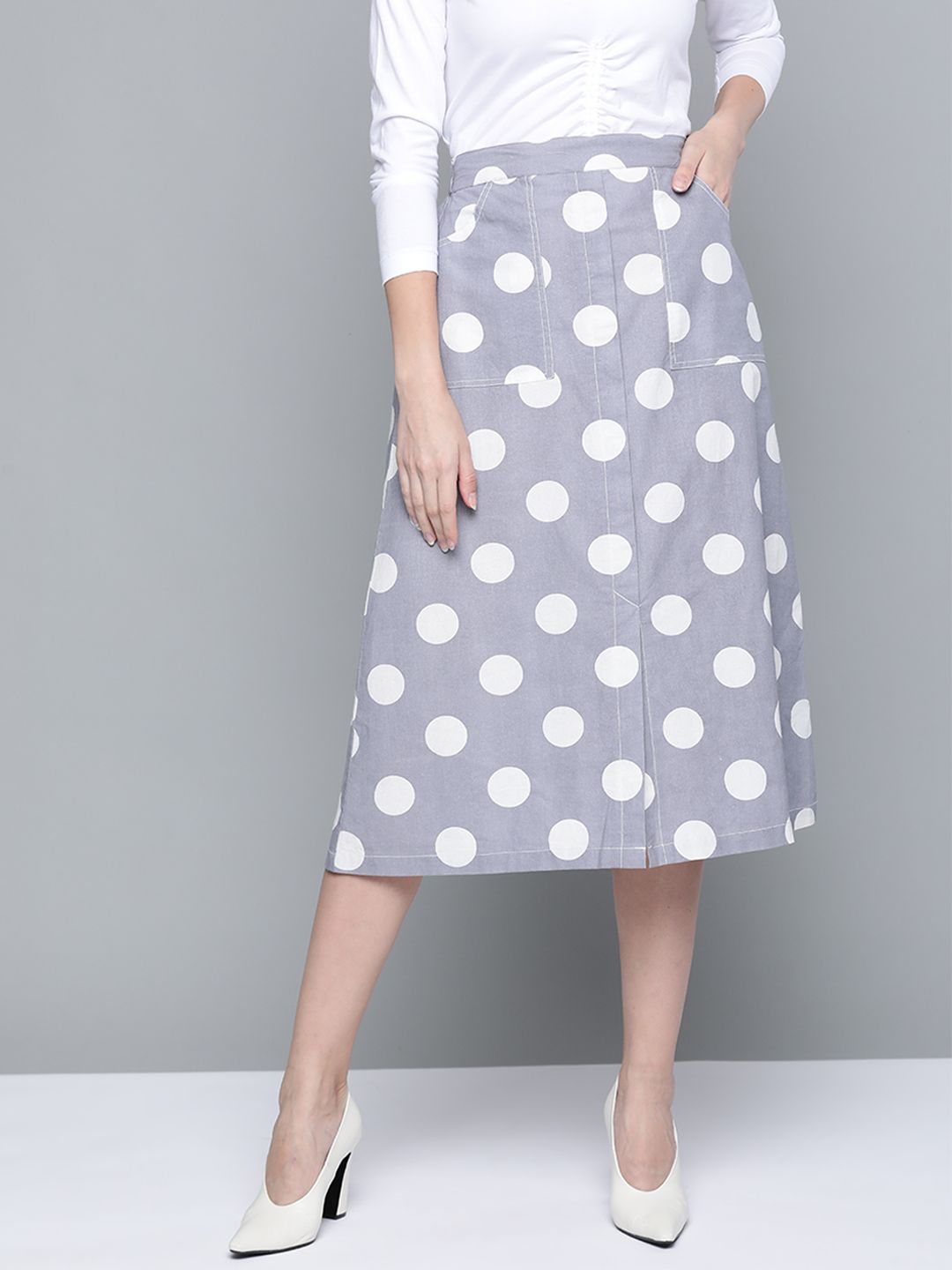 SASSAFRAS Grey & White Polka Dot Print Cotton Linen Front Slit Midi A-Line Skirt
