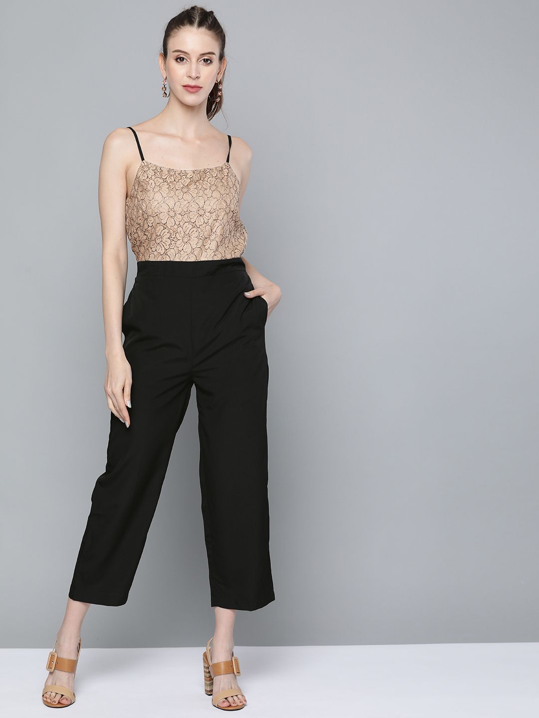 SASSAFRAS Beige & Black Basic Jumpsuit with Lace Inserts Price in India