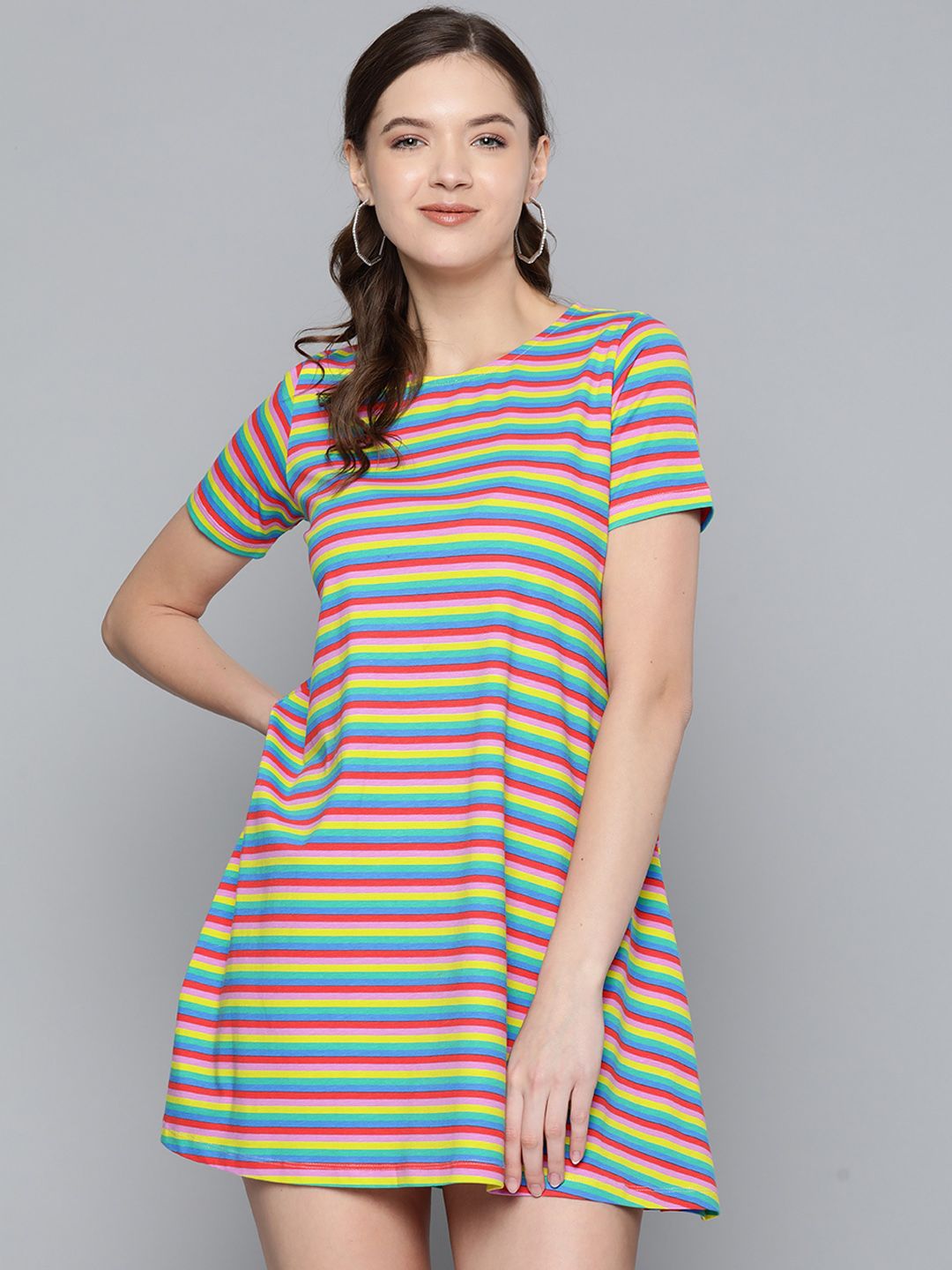 SASSAFRAS Green & Red Striped A-Line Dress Price in India