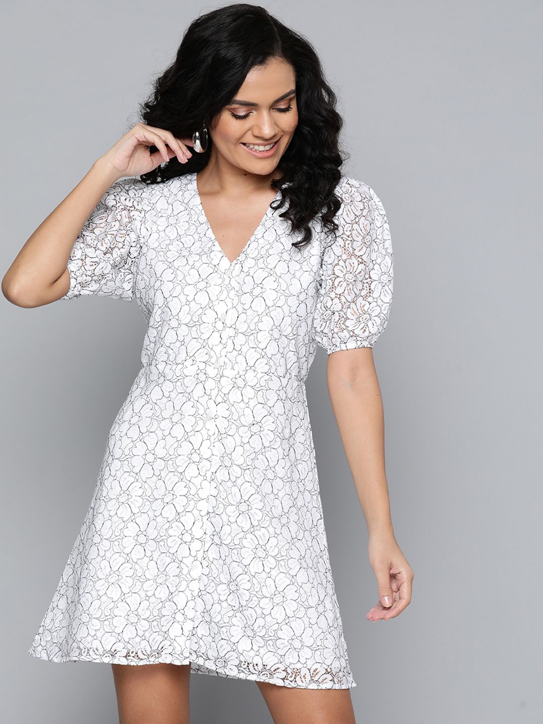 SASSAFRAS Women White & Black Floral Lace A-Line Dress Price in India