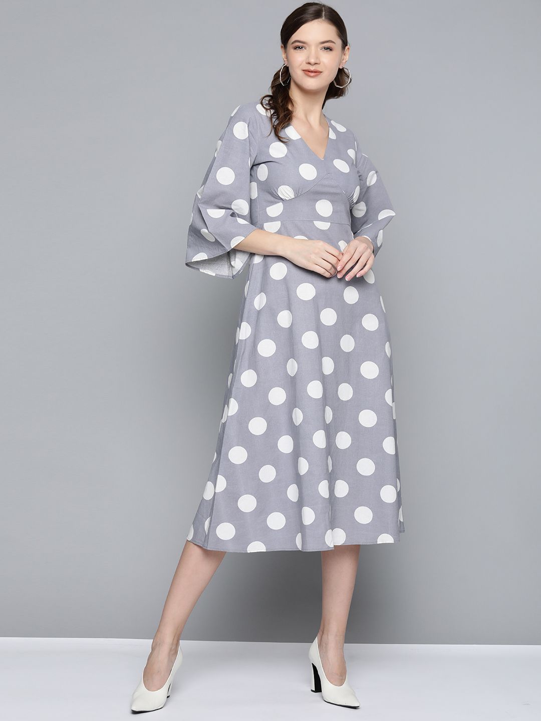 SASSAFRAS Grey & White Polka Dot Print Cotton Linen Midi A-Line Dress Price in India
