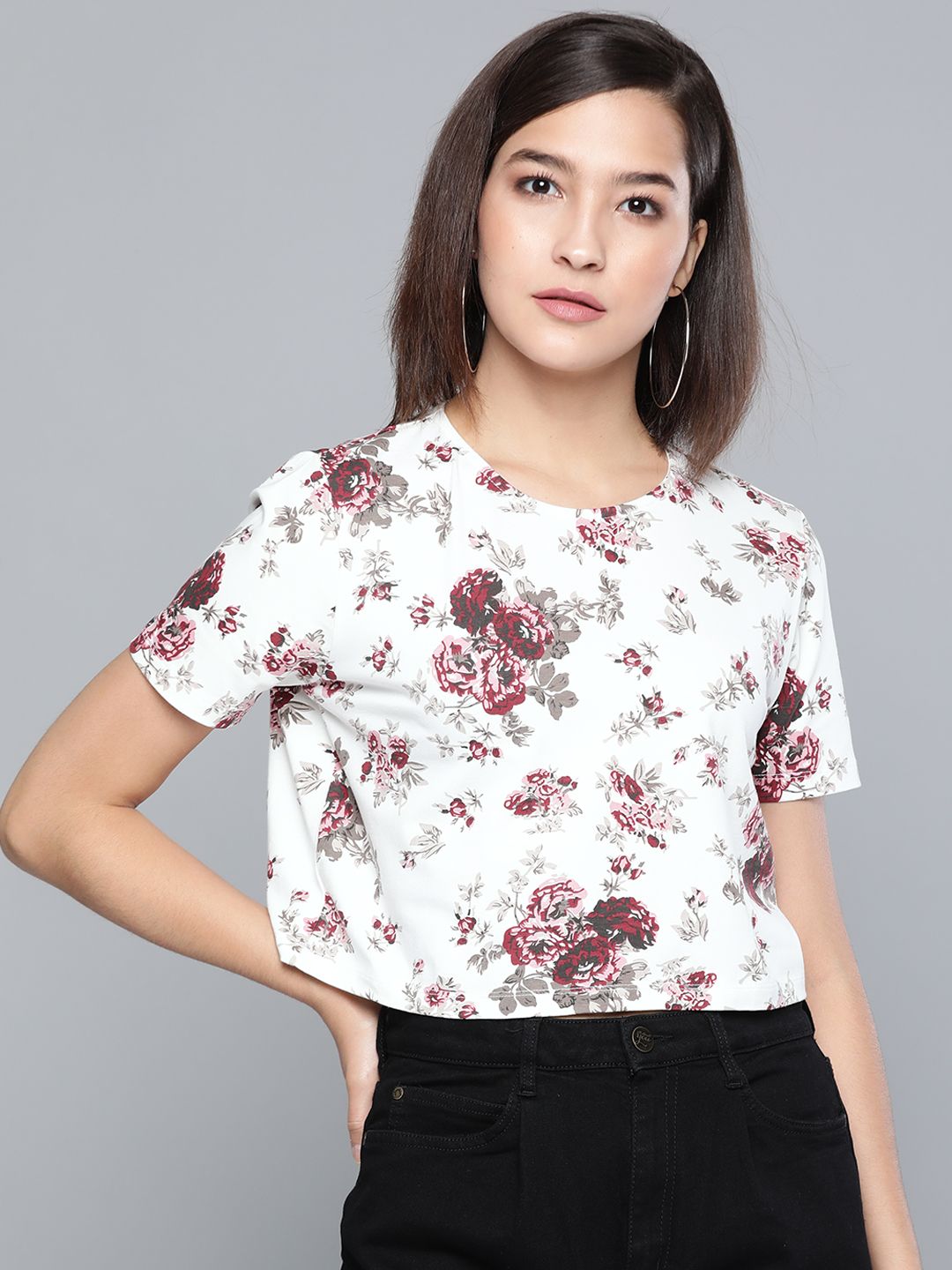 SASSAFRAS Women White & Maroon Floral Printed Boxy T-shirt