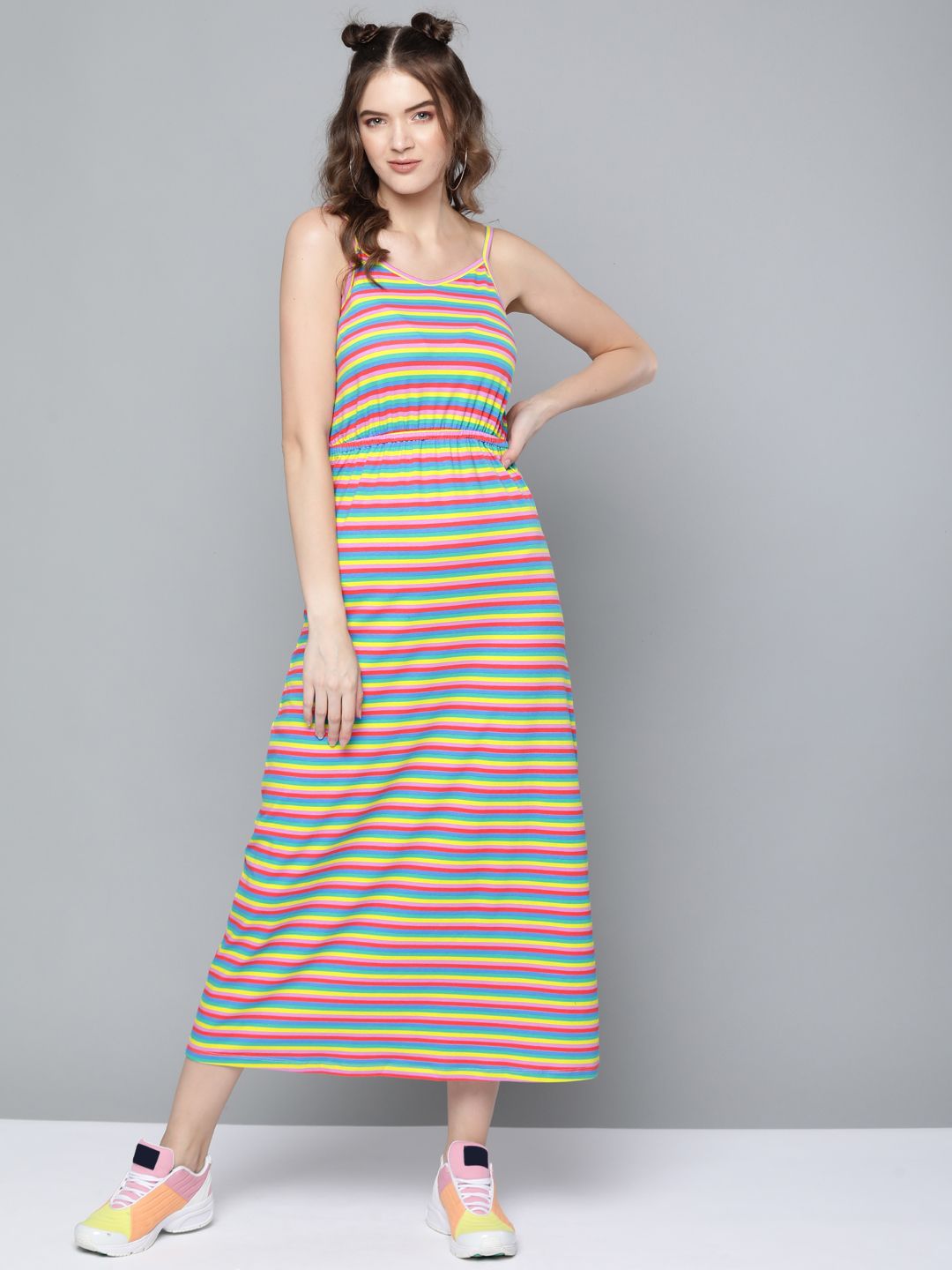 SASSAFRAS Women Multicoloured Candy Stripes Maxi Dress Price in India