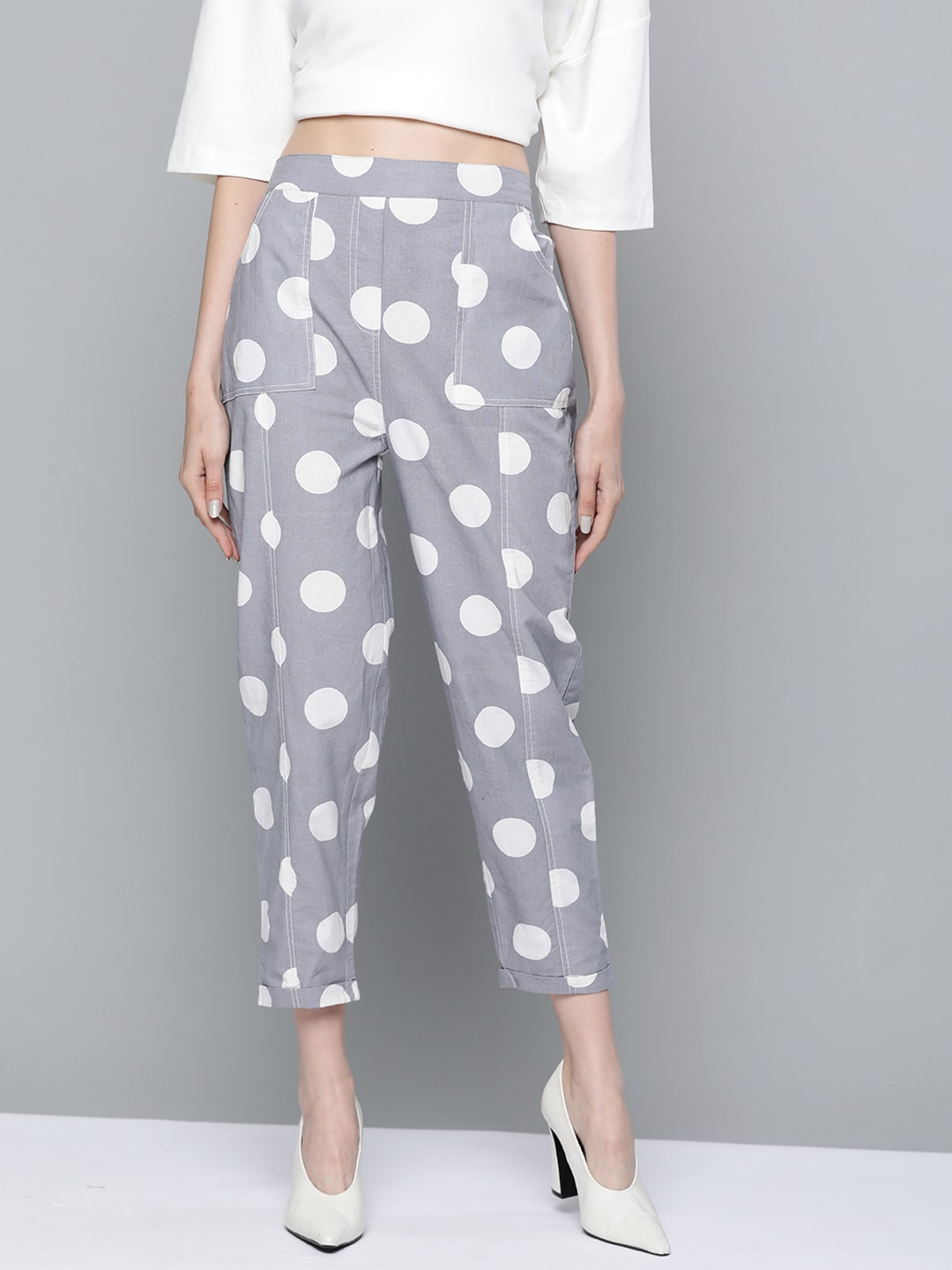 SASSAFRAS Women Grey Polka Dots Print Tapered Fit High-Rise Cropped Trousers Price in India