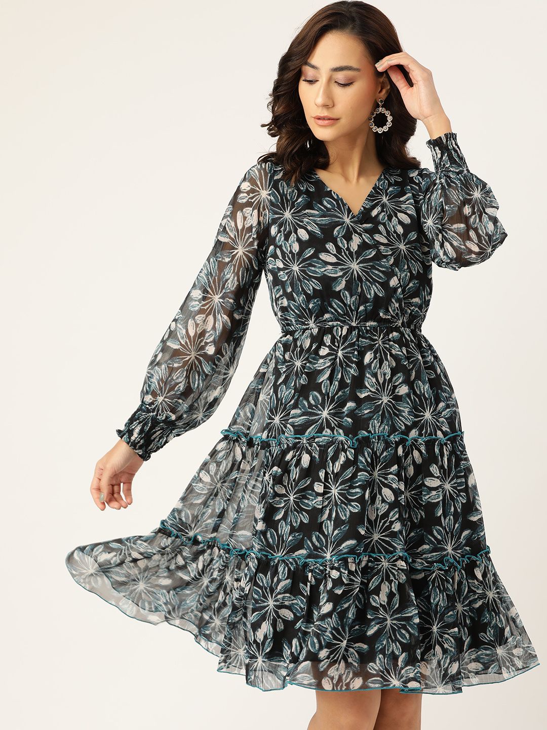 Antheaa Black & Blue Floral Chiffon Midi Dress Price in India
