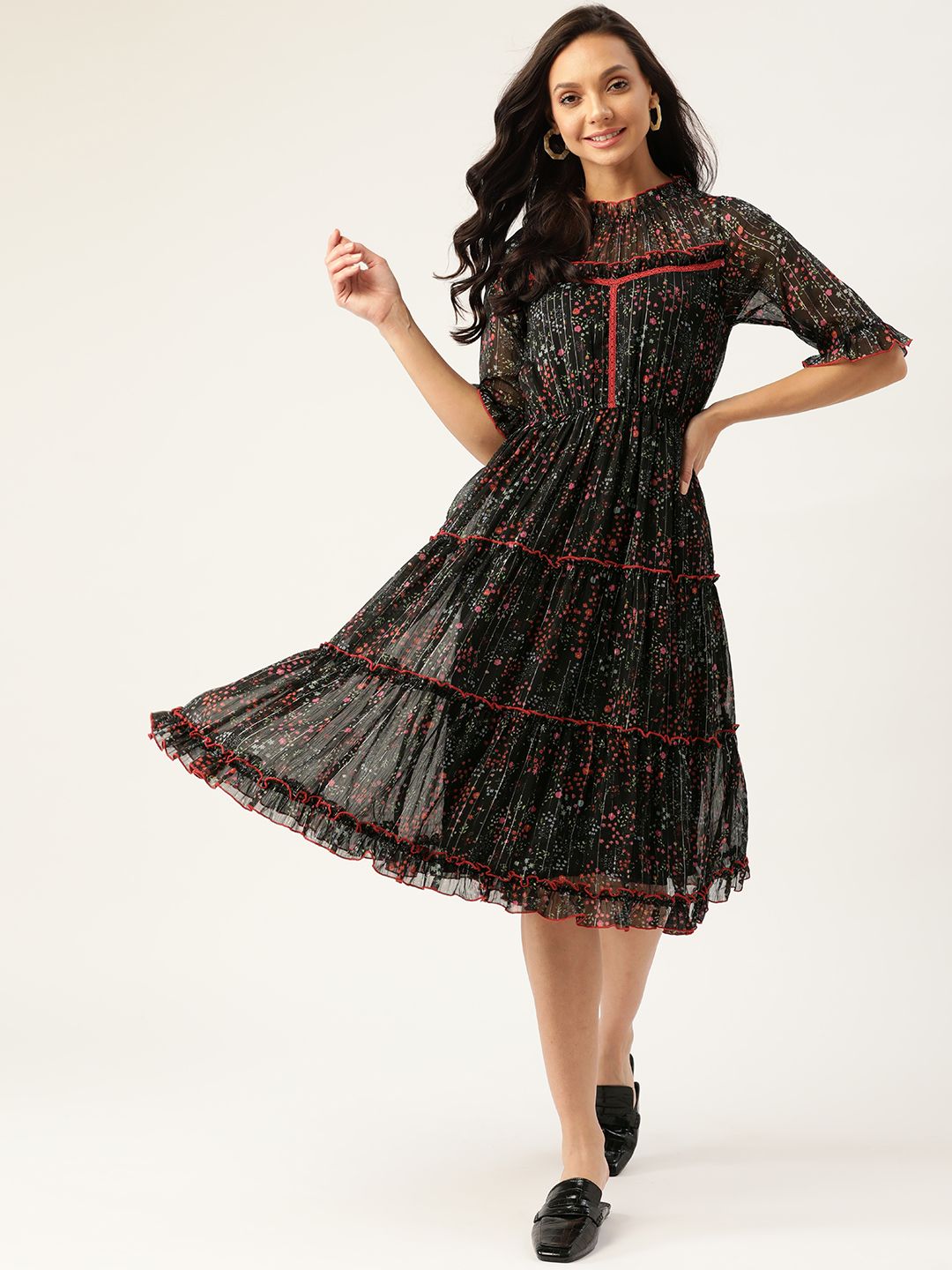 Antheaa Black & Red Floral Print Tiered Midi A-Line Dress Price in India