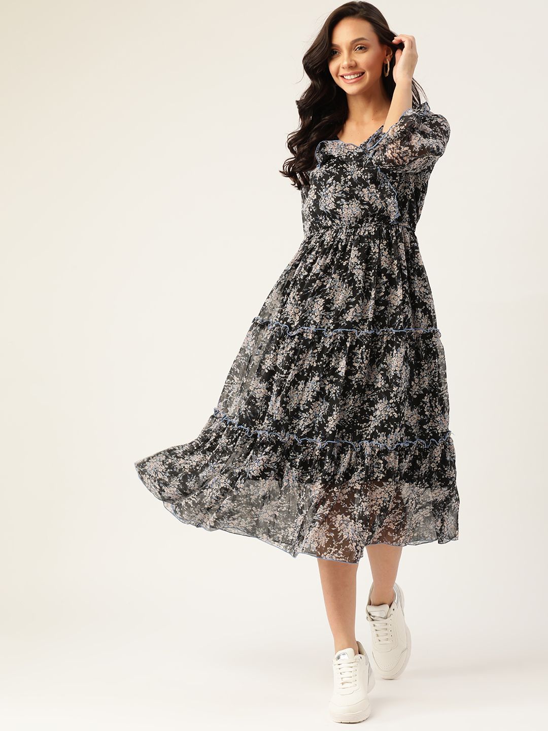 Antheaa Black & Off White Floral Print Midi Wrap Dress Price in India