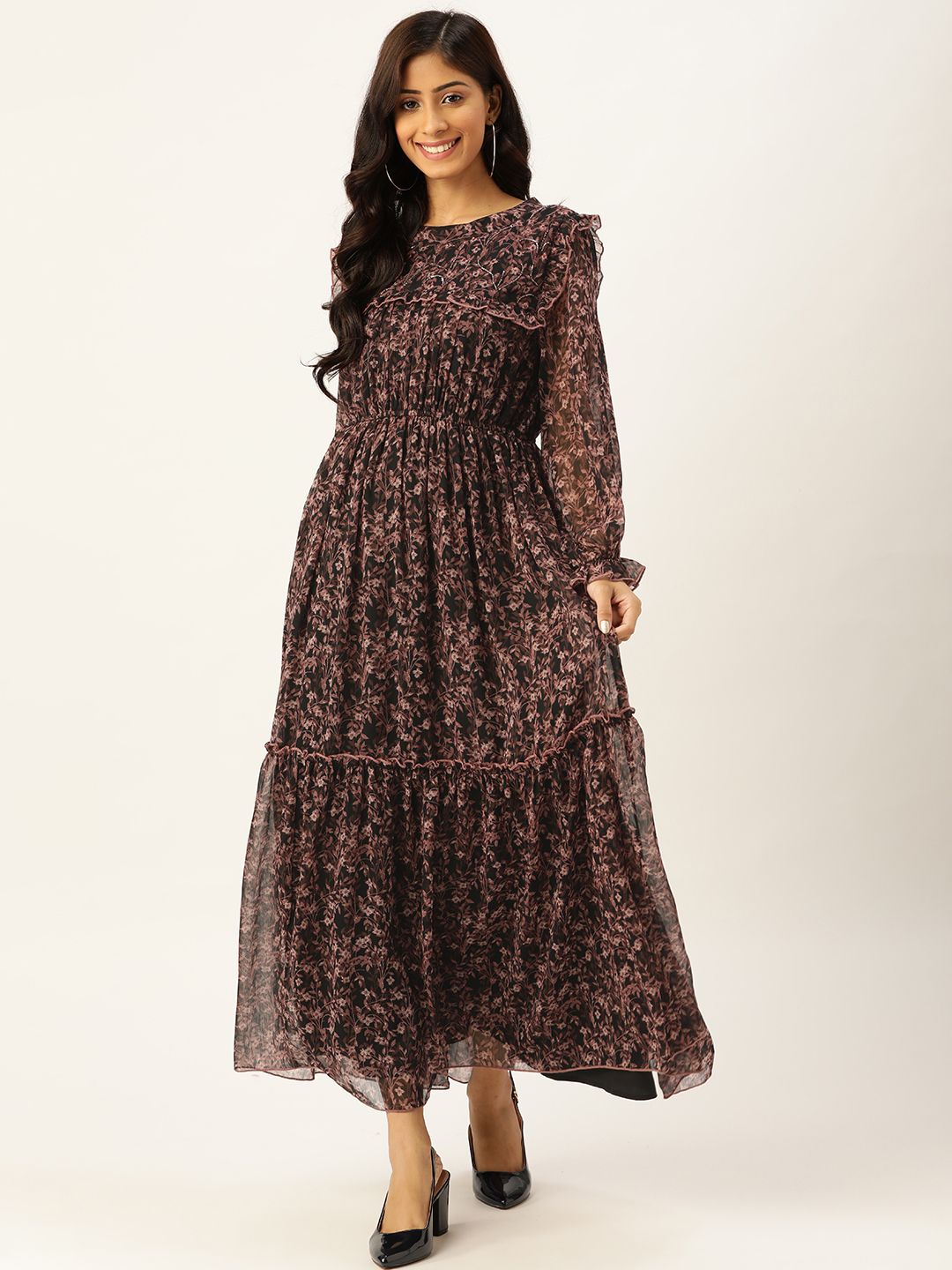 Antheaa Women Black & Mauve Floral Print Maxi Dress Price in India