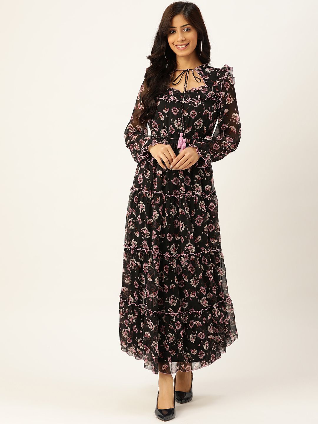 Antheaa Women Black & Lavender Floral Tie-Up Neck Maxi Dress Price in India