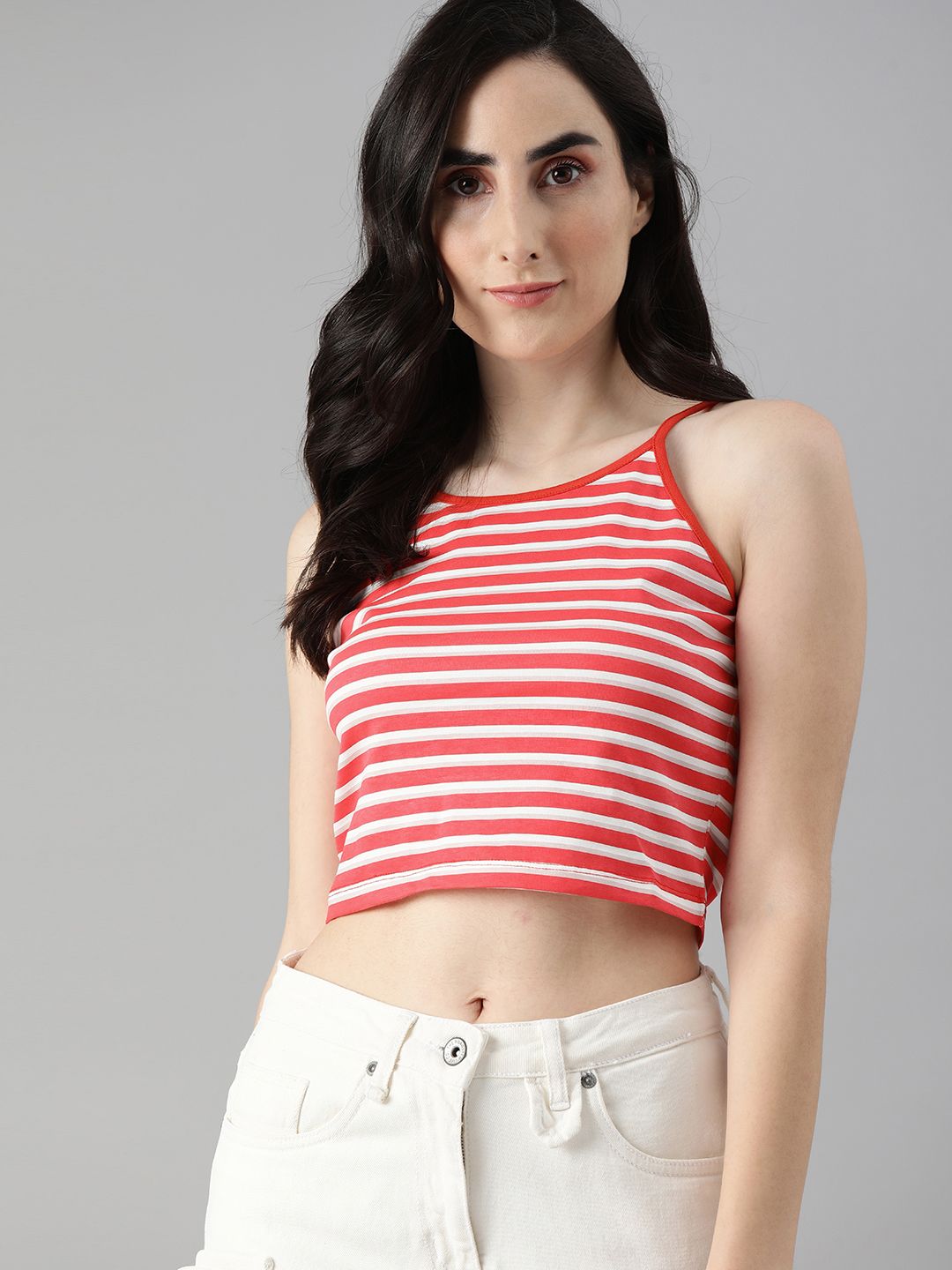 ONLY Women Red & White Striped T-shirt