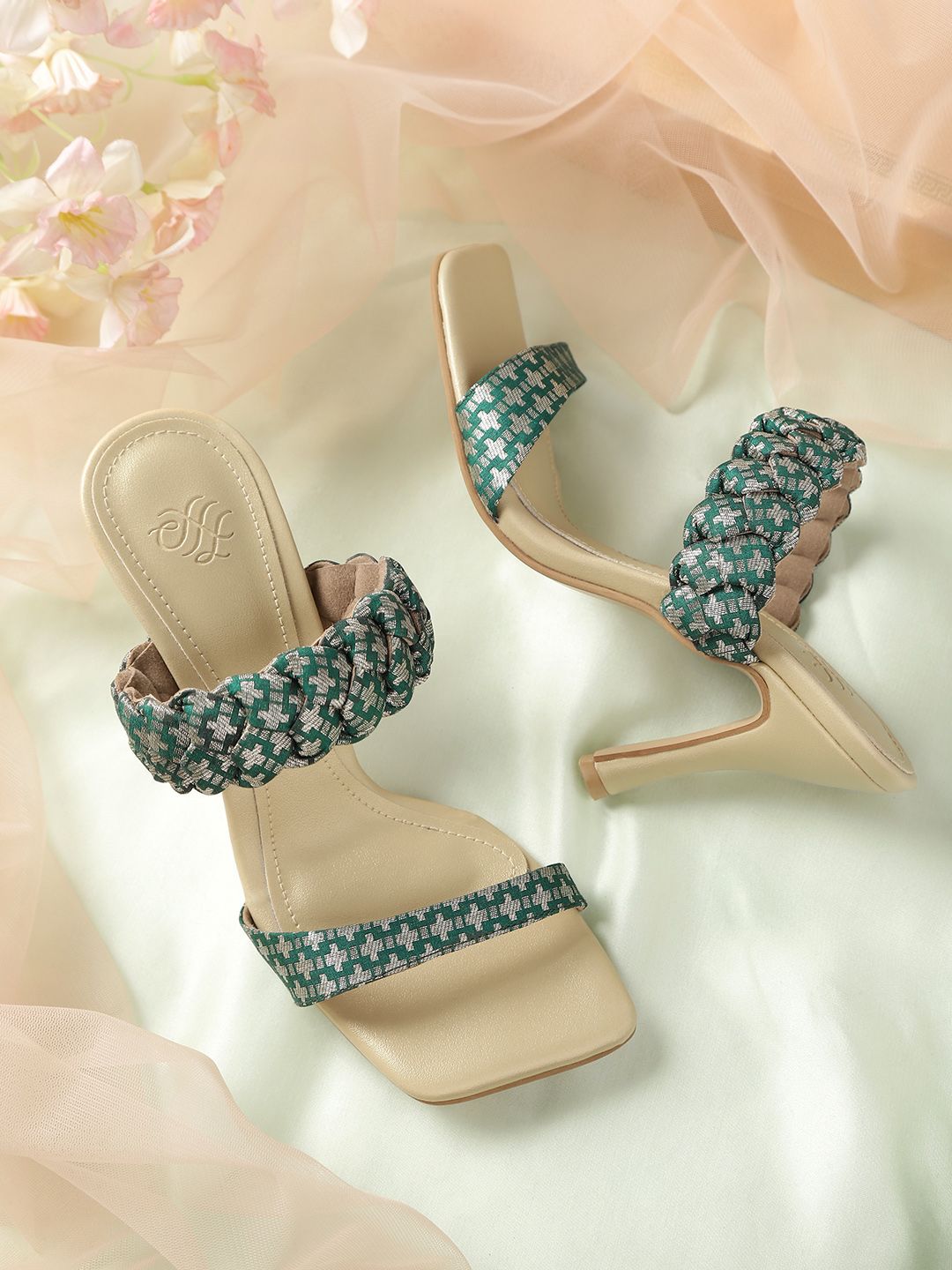 House of Pataudi Women Green & Silver-Toned Handcrafted Woven Design Slim Heels with Pouch Price in India