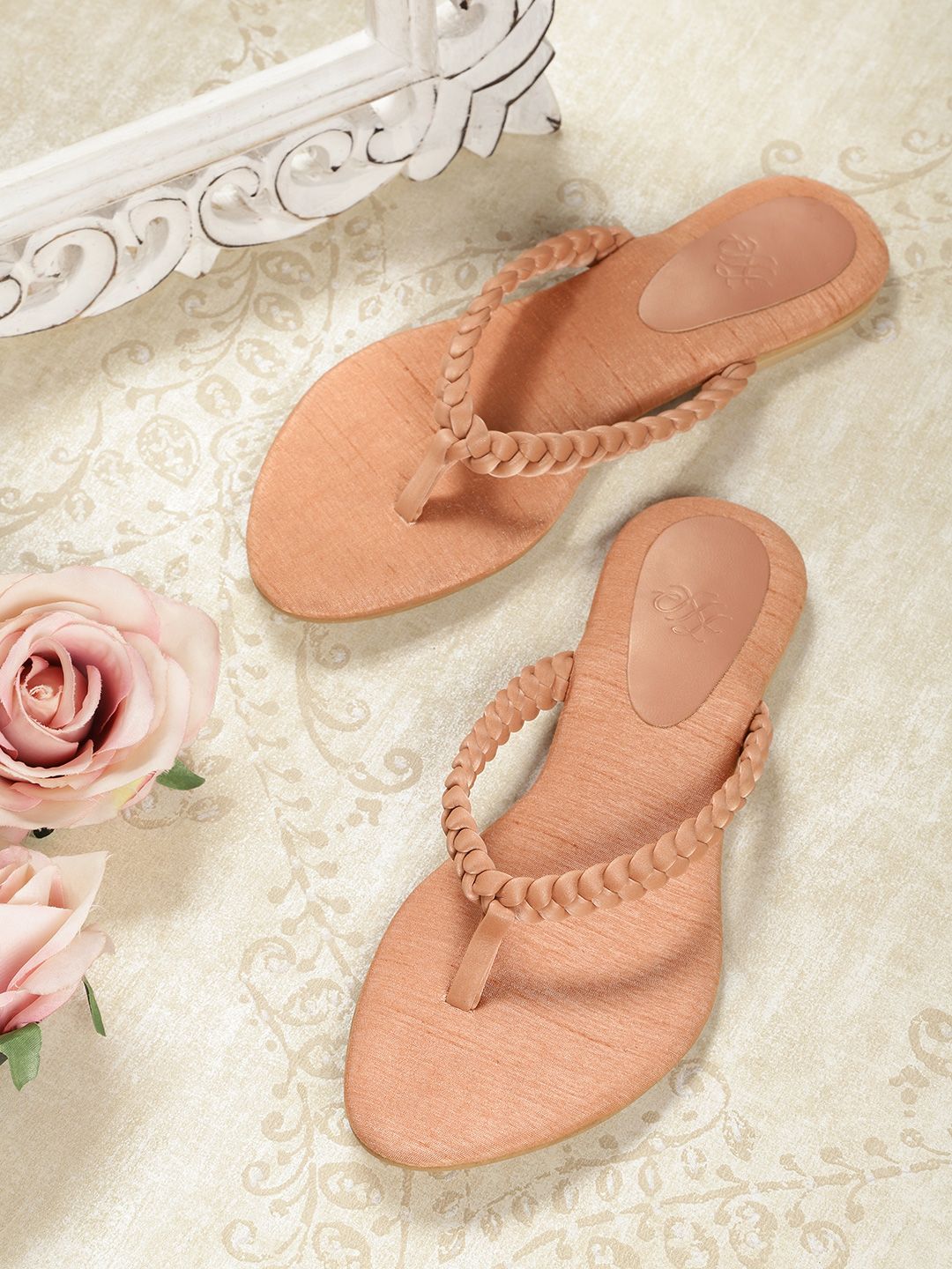 House of Pataudi Women Peach-Coloured Braided Handcrafted Open Toe Flats with Pouch Price in India