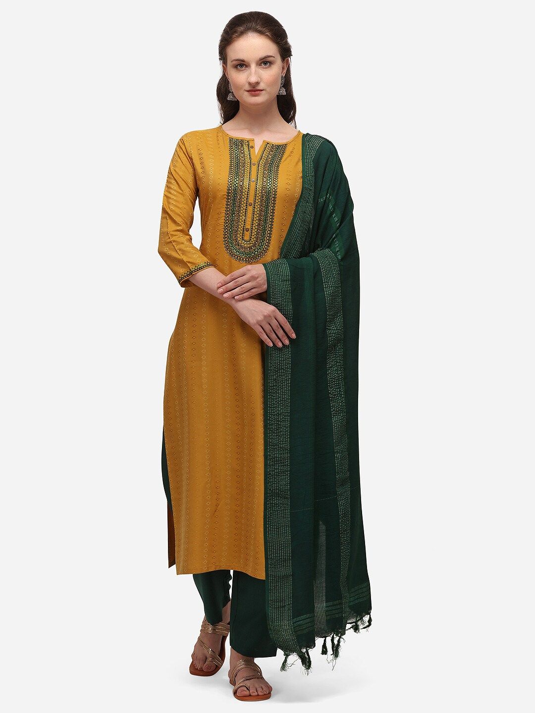 SheWill Mustard Brown & Green Cotton Blend Unstitched Dress Material Price in India
