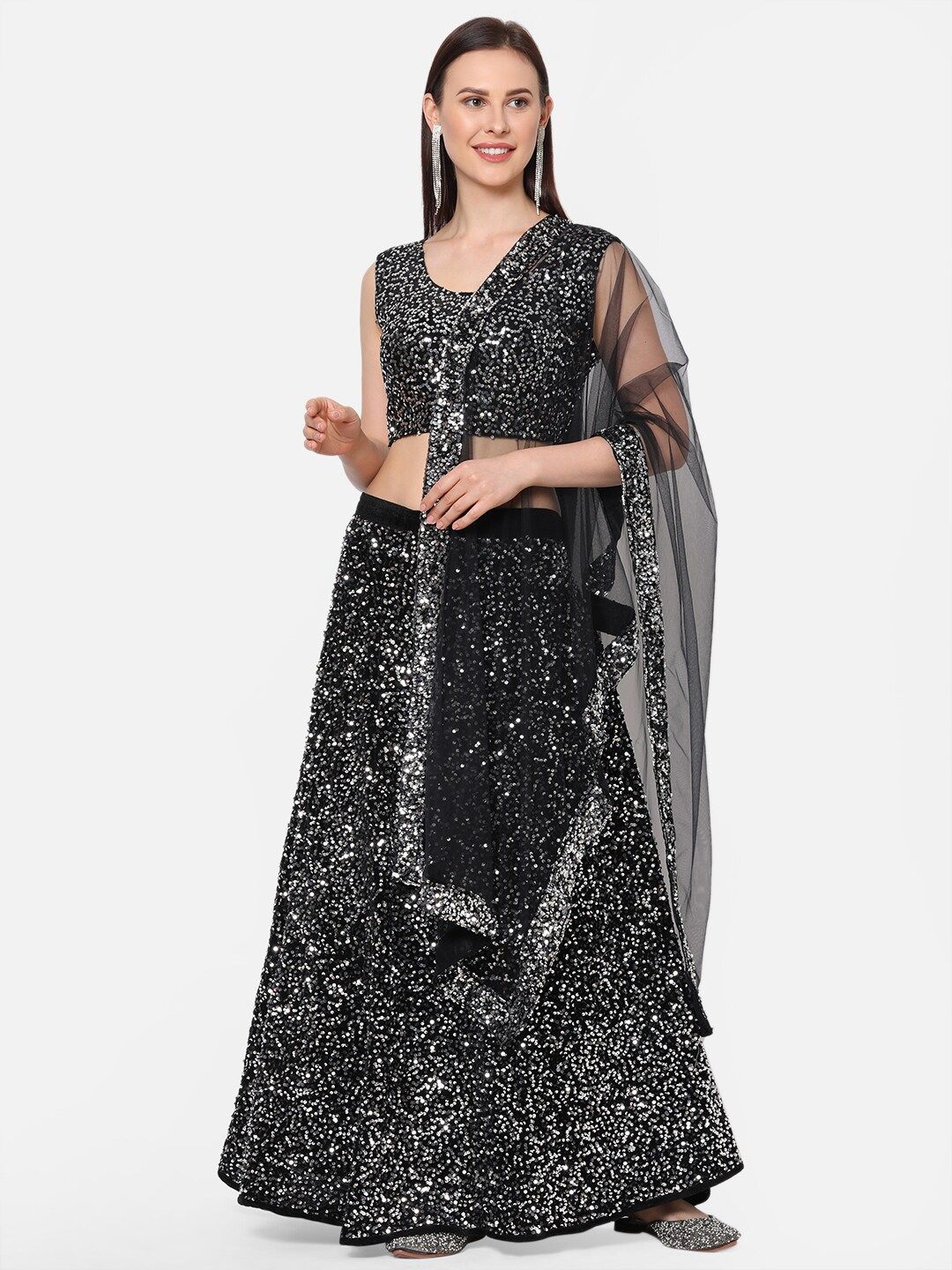 RedRound Black & Silver-Toned Embroidered Semi-Stitched Lehenga & Unstitched Blouse with Dupatta Price in India