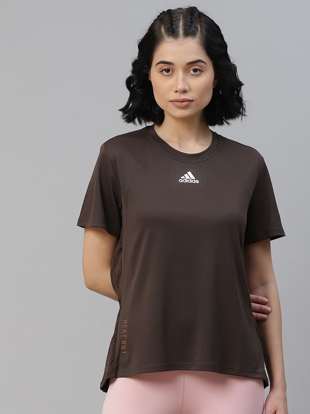 ADIDAS Women Coffee Brown Training Heat.RDY Slim Fit Self-Design T-shirt Price in India