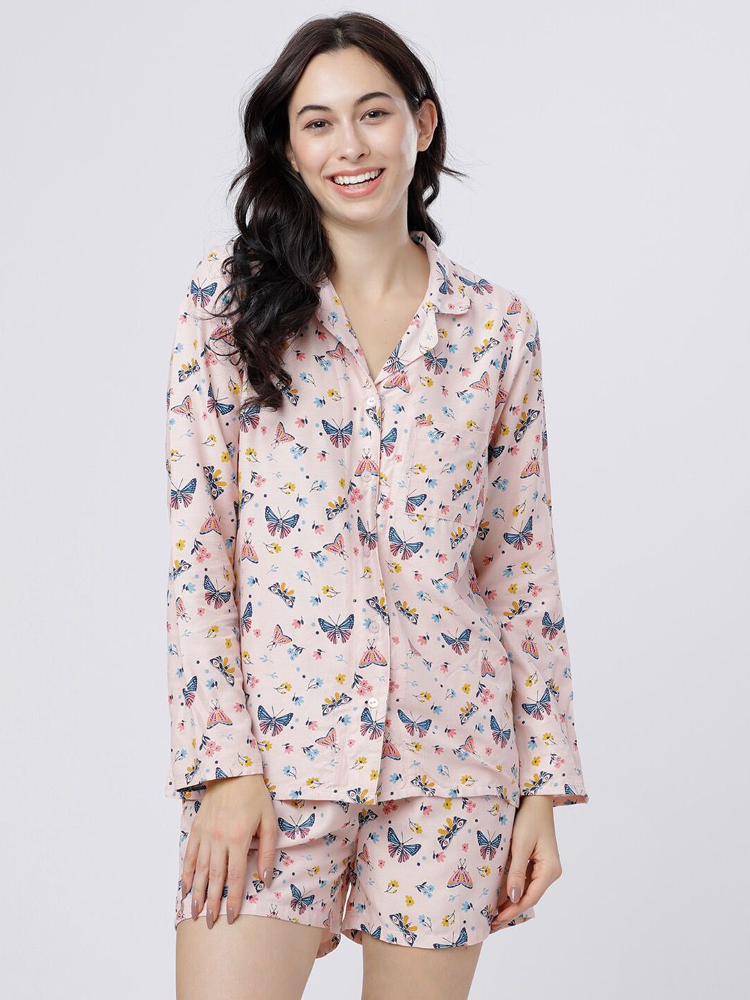 Tokyo Talkies Women Peach-Coloured & Blue Printed Night Suit Price in India
