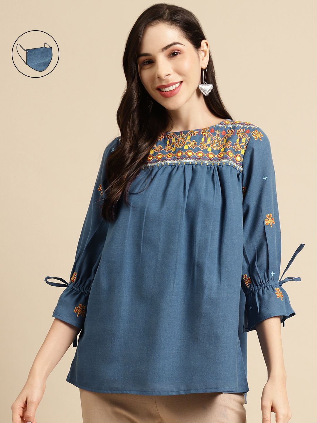 RANGMAYEE Blue Embroidered Gathered Tunic with Mask Price in India