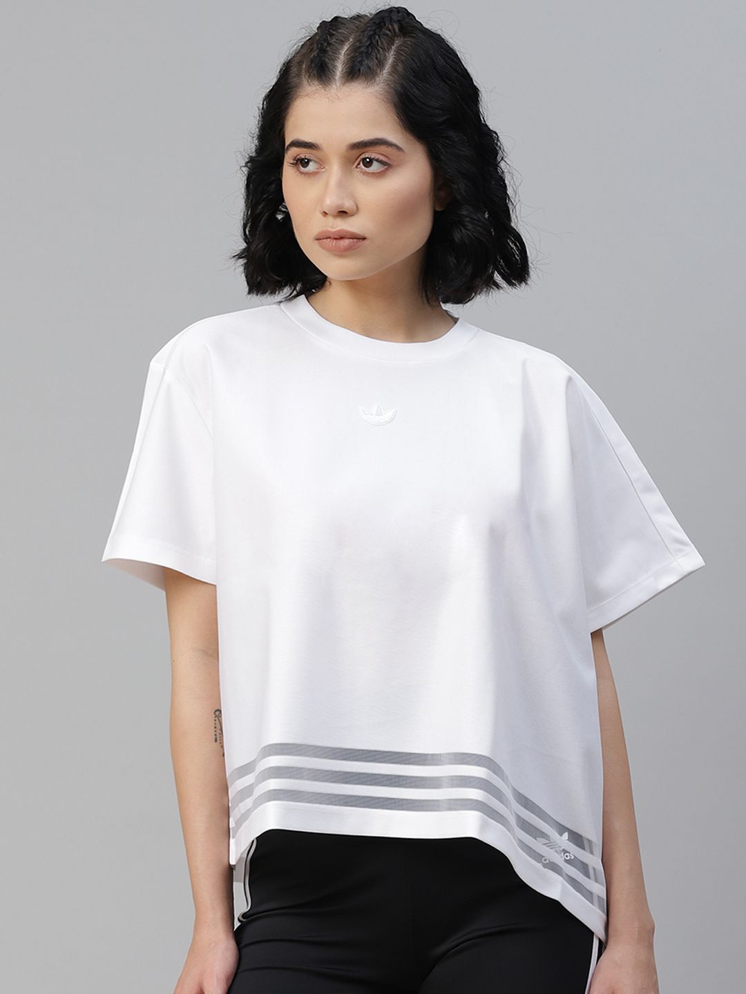 ADIDAS Originals Women White Asymmetrical Cut Striped Detail Sustainable T-shirt Price in India