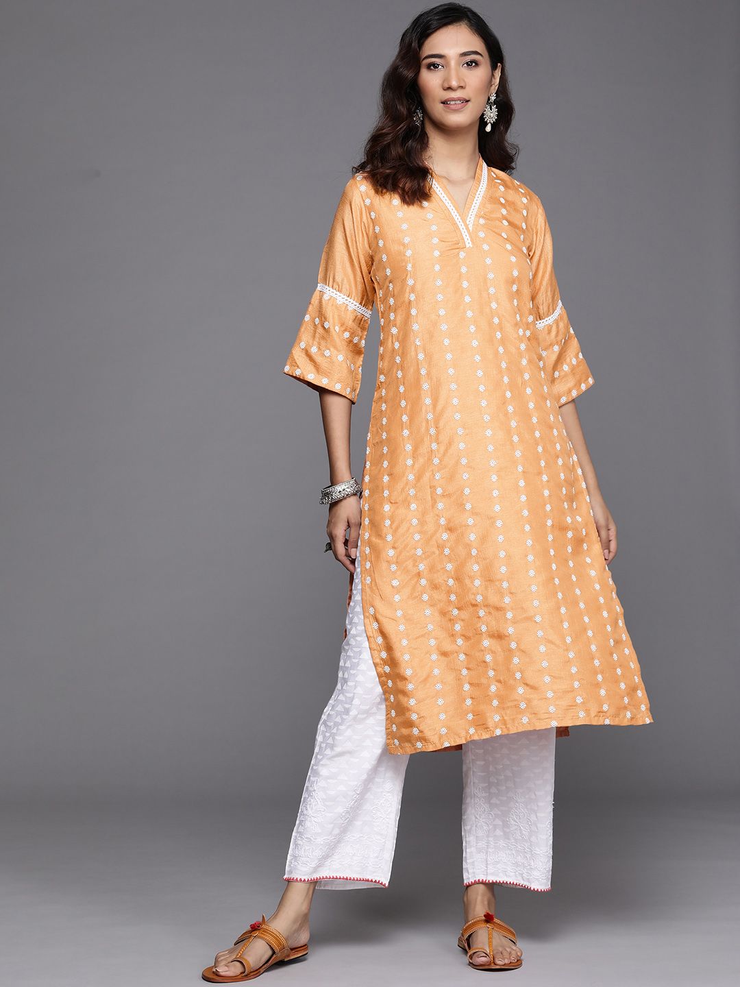 Libas Women Orange & White Embroidered Flared Sleeves Silk Straight Kurta Price in India
