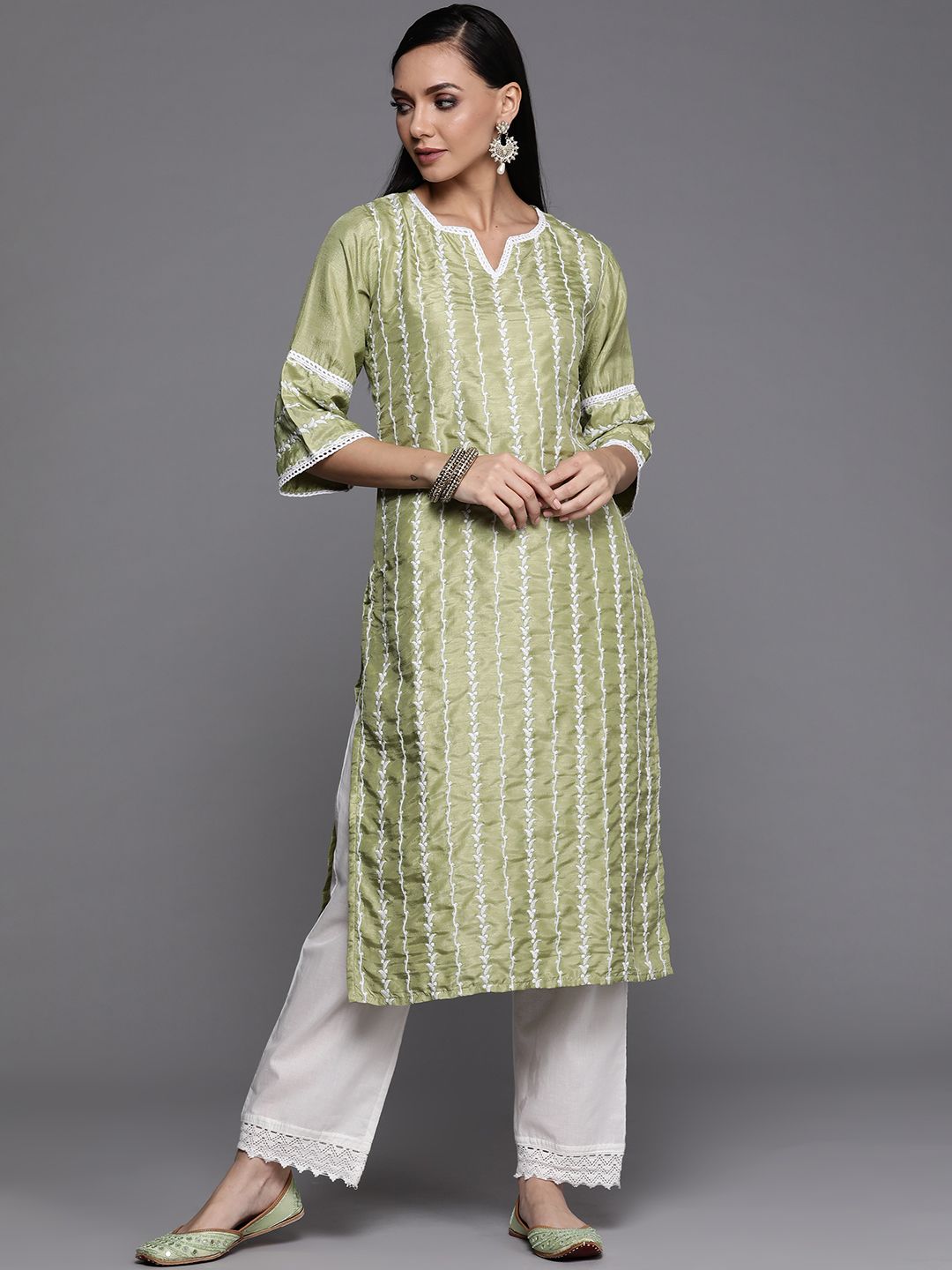 Libas Women Green & White Ethnic Motifs Embroidered Thread Work Kurta Price in India