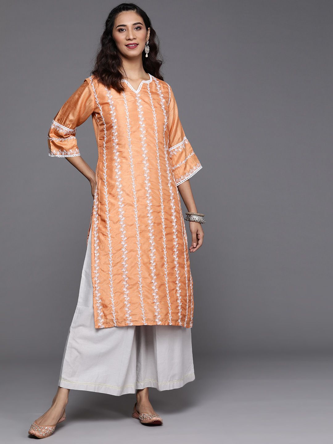 Libas Women Coral Orange & White Embroidered Thread Work Kurta Price in India
