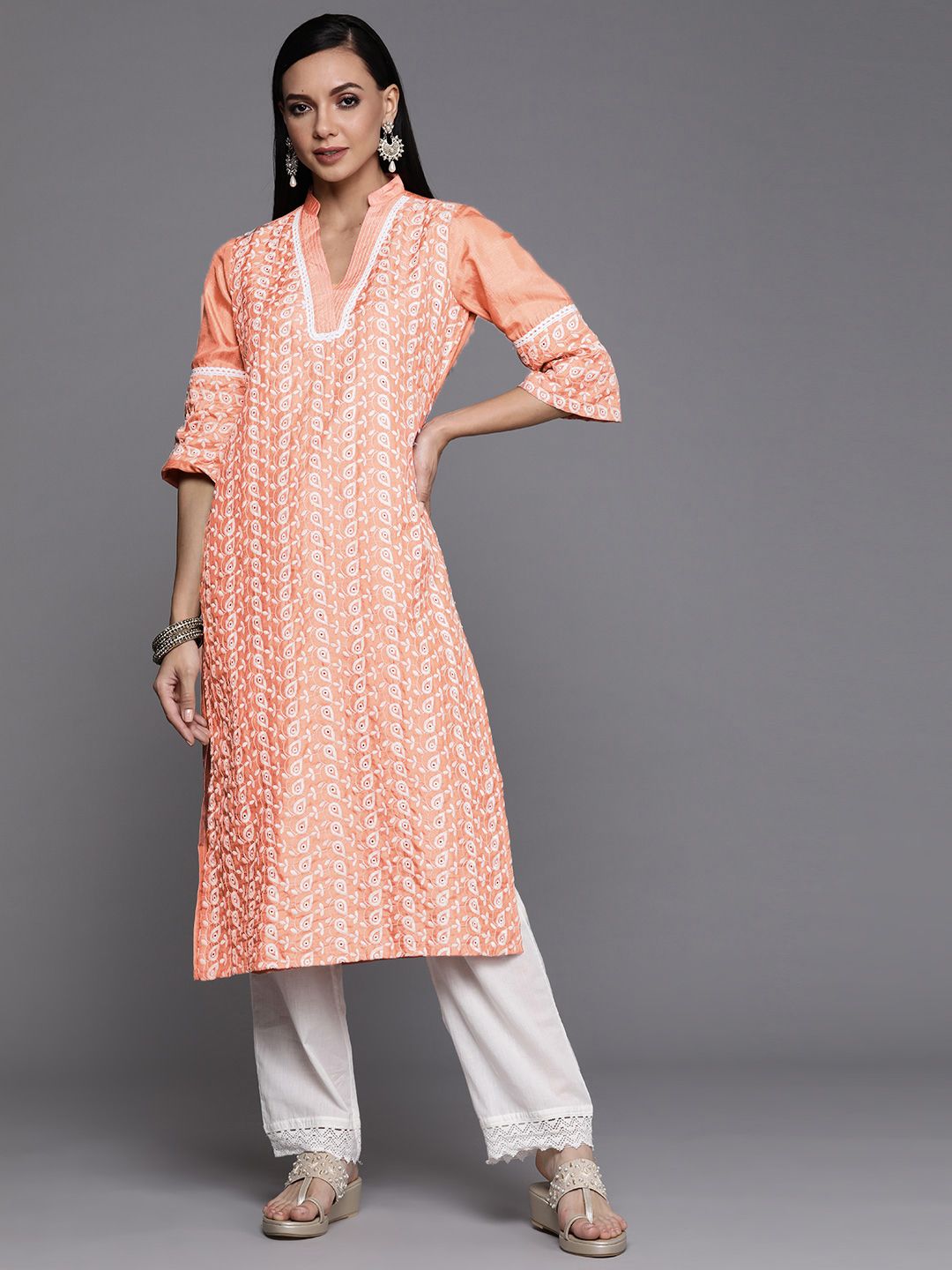 Libas Women Peach-Coloured & White Ethnic Motifs Embroidered Silk Straight Kurta Price in India