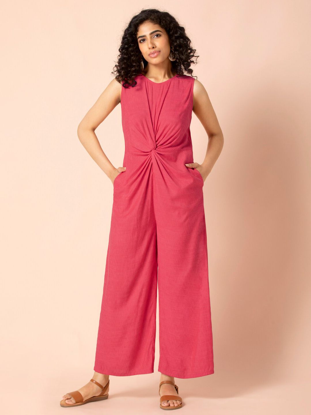 Earthen BY INDYA Fuchsia Pink Knotted Jumpsuit Price in India