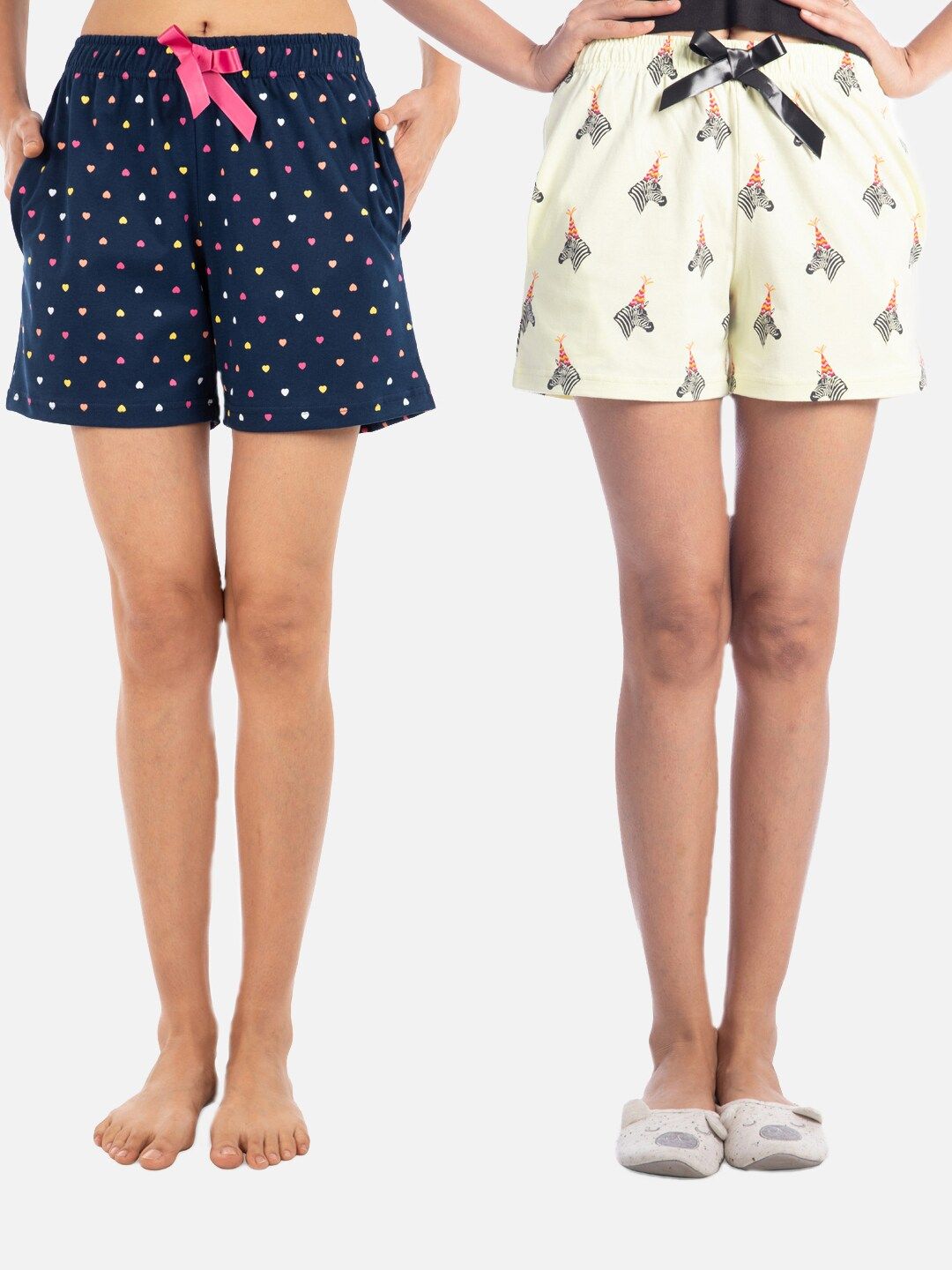 Nite Flite Women Pack of 2 Navy Blue & Cream-Coloured Printed Lounge Shorts Price in India