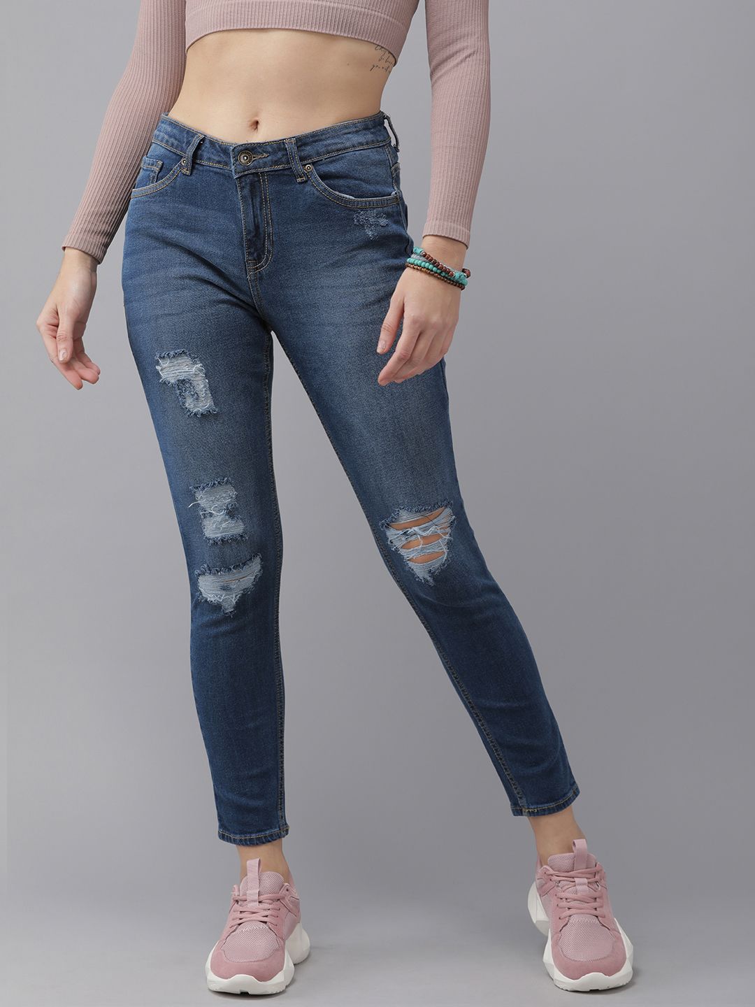 Roadster Women Blue Skinny Fit Highly Distressed Light Fade Cropped Stretchable Jeans Price in India