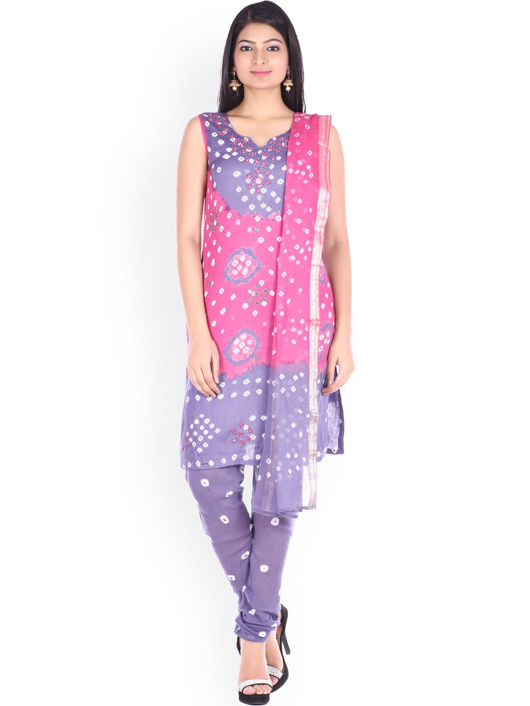 SOUNDARYA Pink & Purple Bandhani Print Unstitched Dress Material Price in India