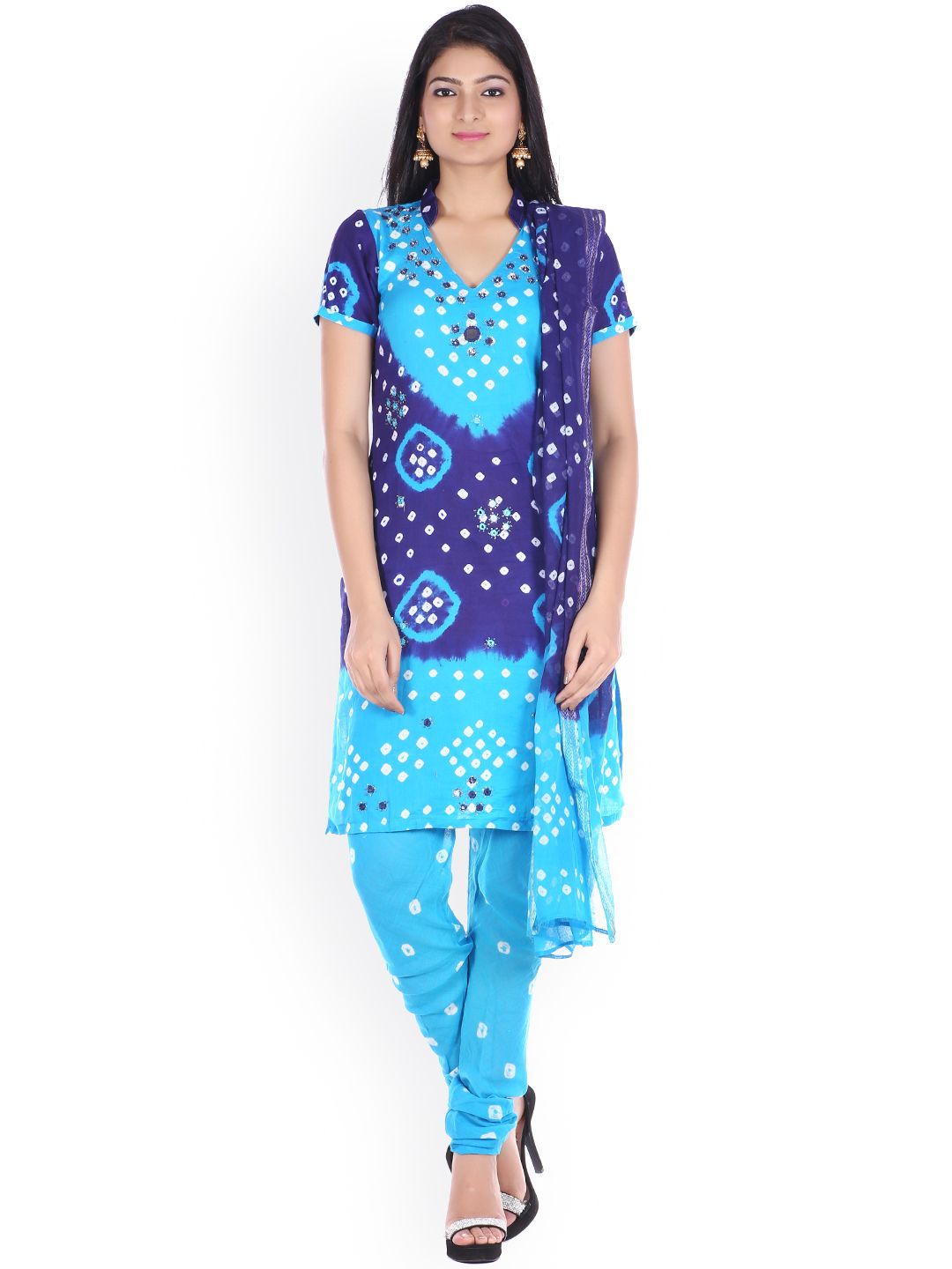 SOUNDARYA Blue Bandhani Print Unstitched Dress Material Price in India