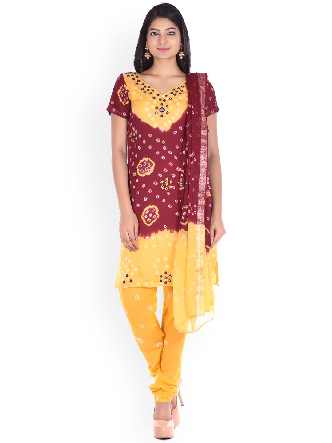 SOUNDARYA Maroon & Yellow Bandhani Print Unstitched Dress Material Price in India