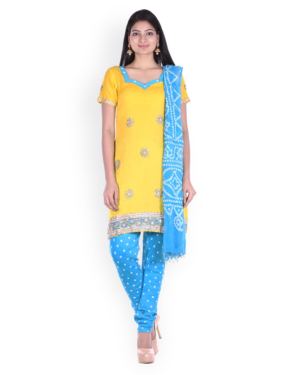 SOUNDARYA Yellow & Blue Bhandani Printed Unstitched Dress Material Price in India