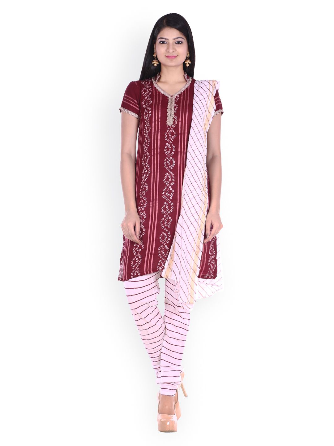 SOUNDARYA Maroon & Off-White Bhandani Print Dress Material Price in India