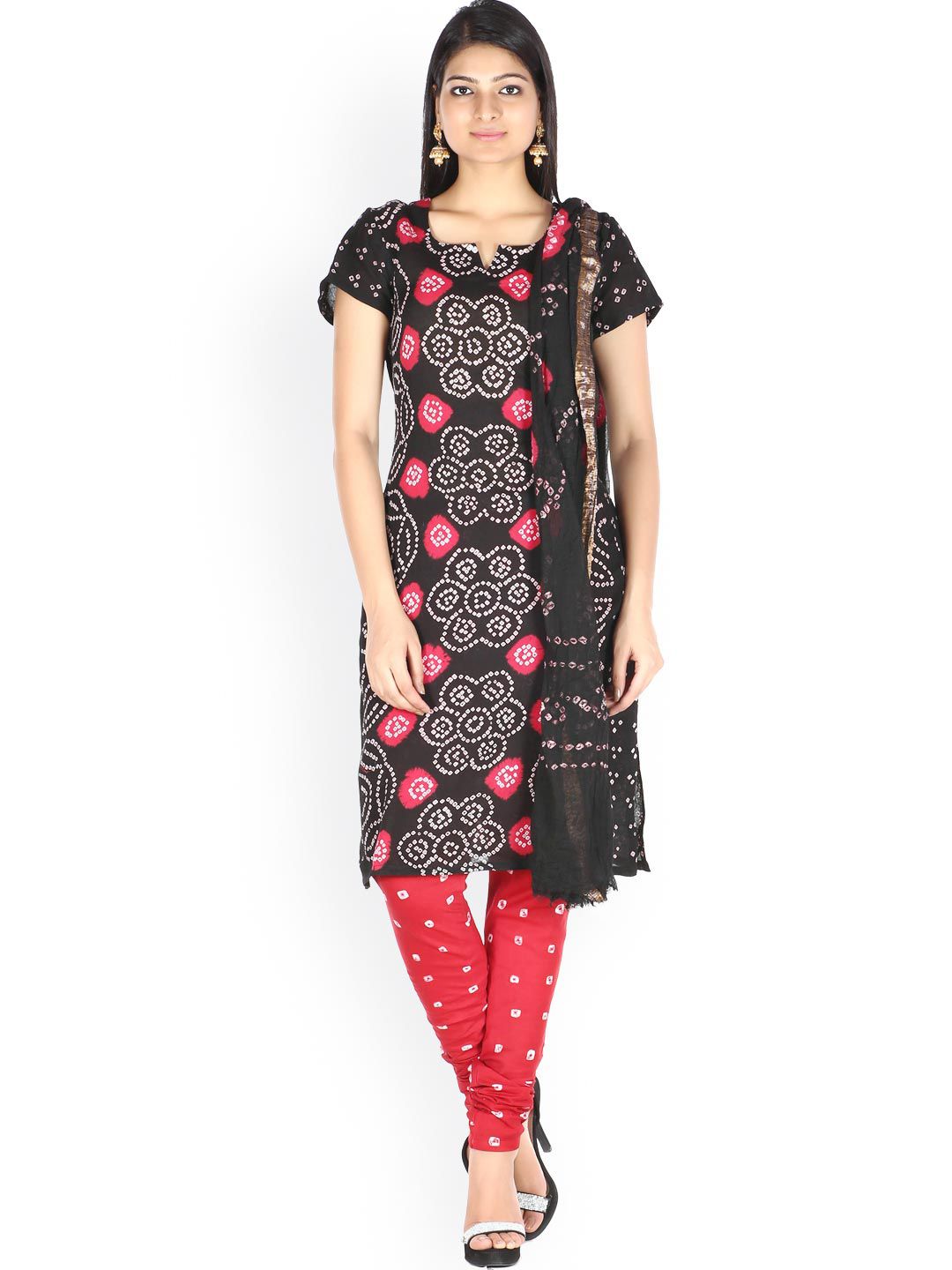 SOUNDARYA Black & Red Bandhani Print Unstitched Dress Material Price in India