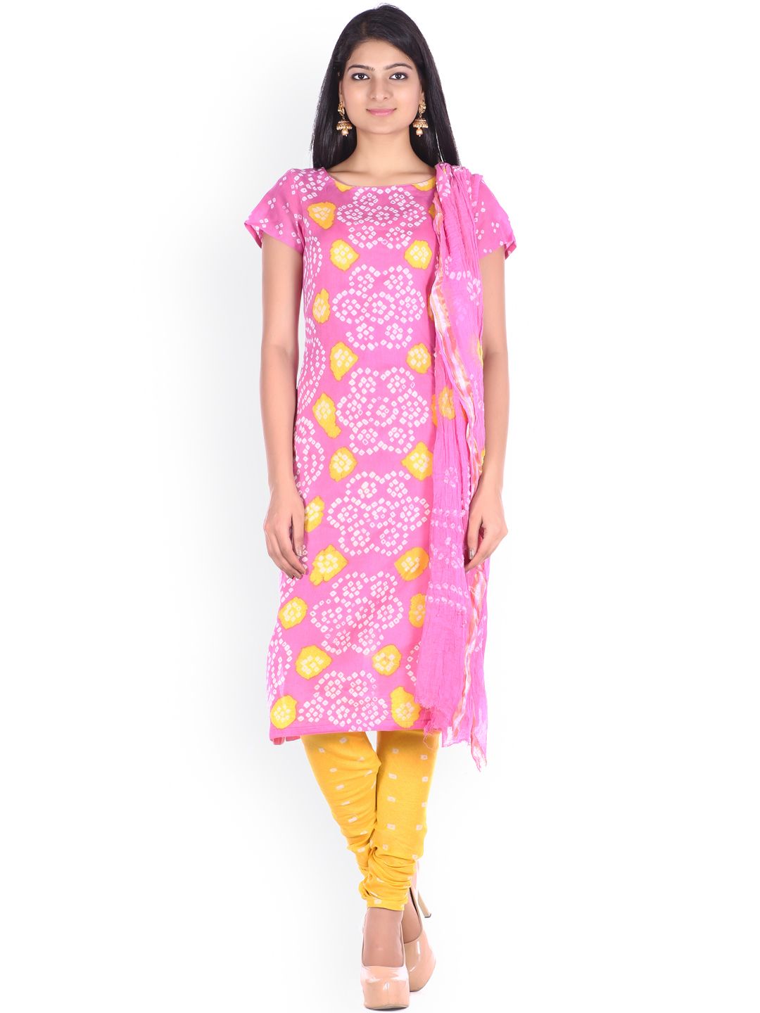 SOUNDARYA Pink & Yellow Bandhani Print Unstitched Dress Material Price in India