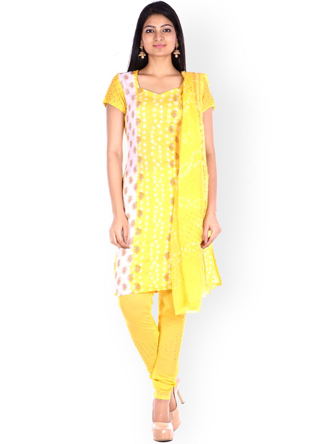 SOUNDARYA Yellow Bandhni Print Unstitched Dress Material Price in India